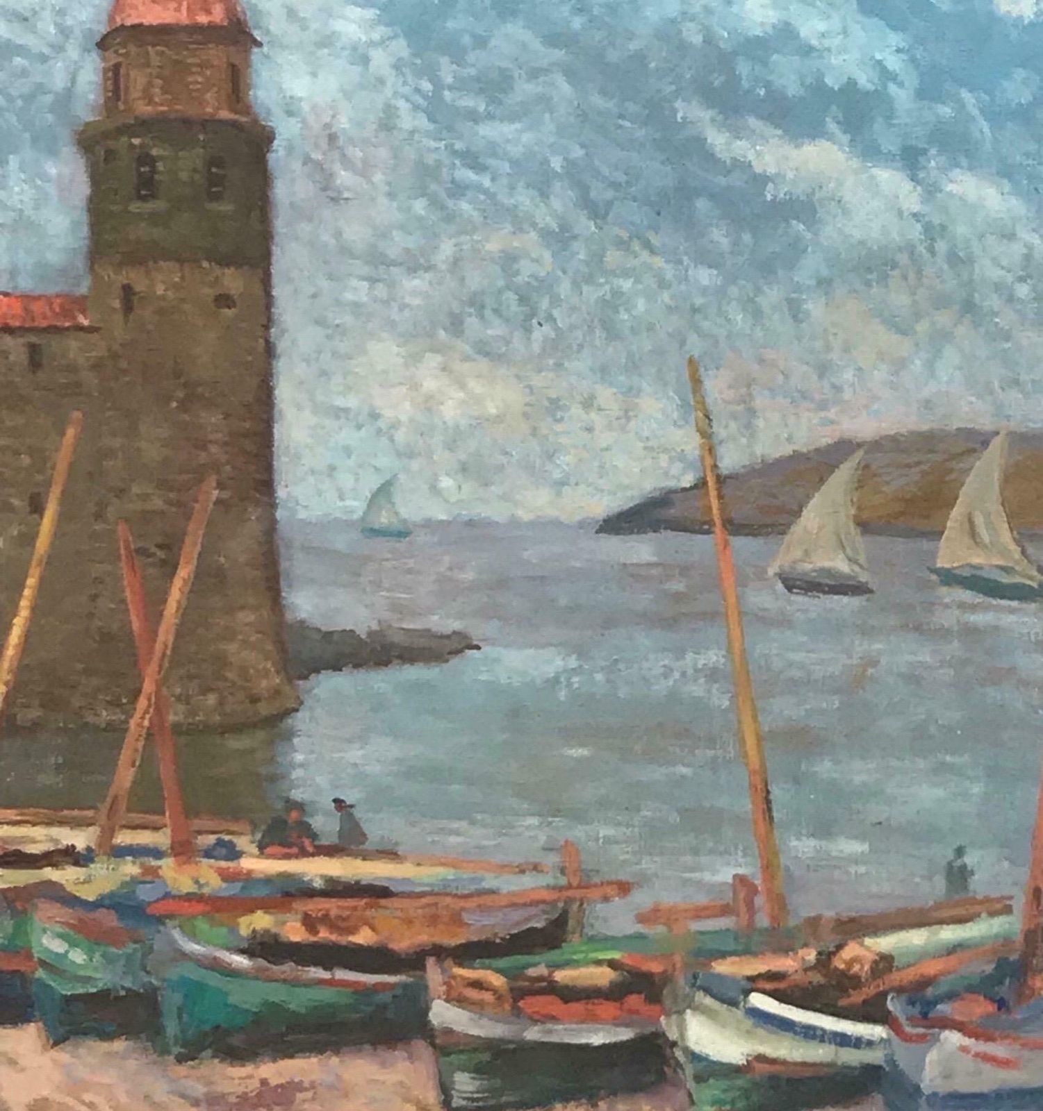 J. Webermid Century French Signed Oil Collioure Harbour South Of France, Fishing Boats photo Art