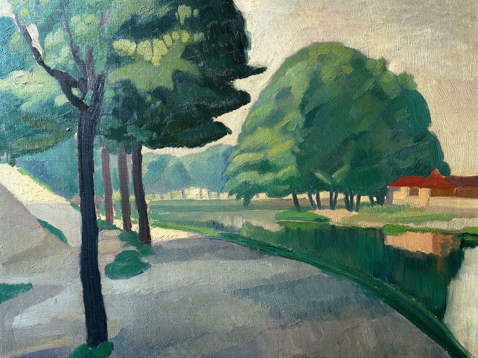 F. Bellenotmid 20th Century French Signed Oil Moody Atmospheric Green River Landscape Town1950's