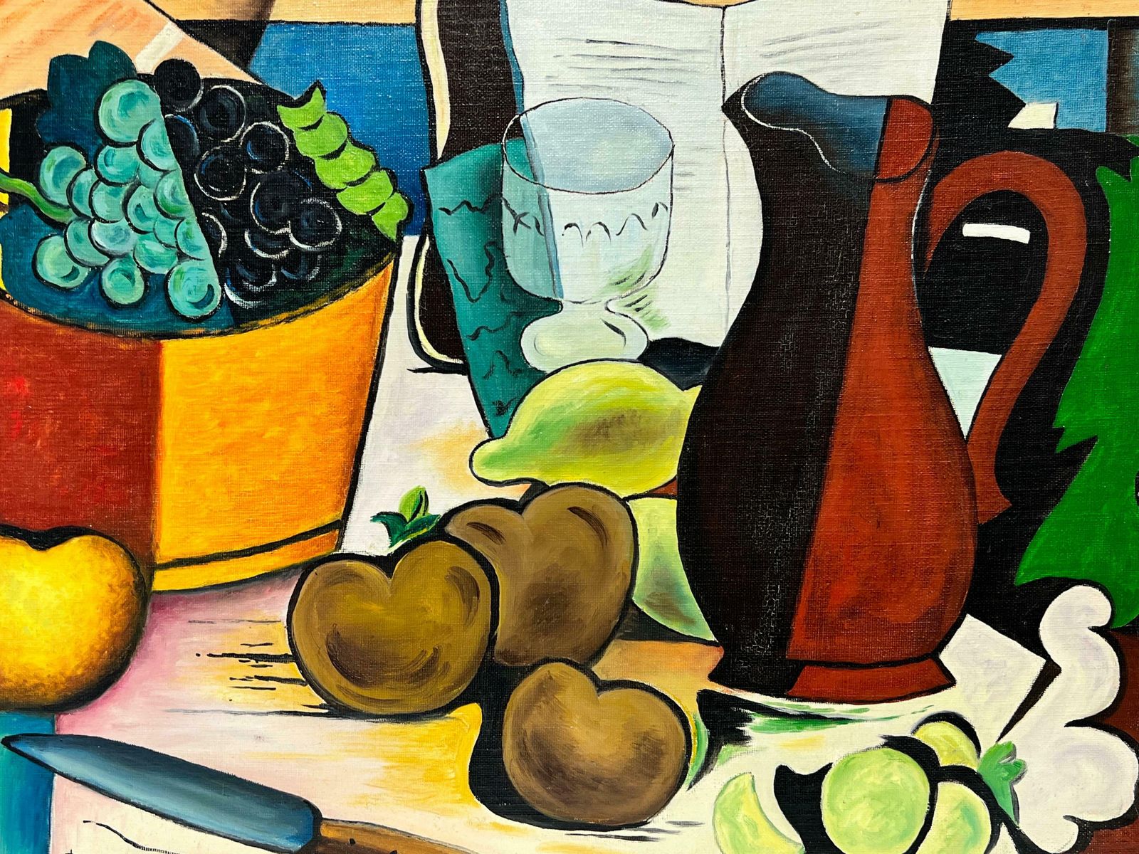 Robert Roujasfrench Cubist Still Life Signed Painting Fruit & Wine On Table, 20th Century photo for sale