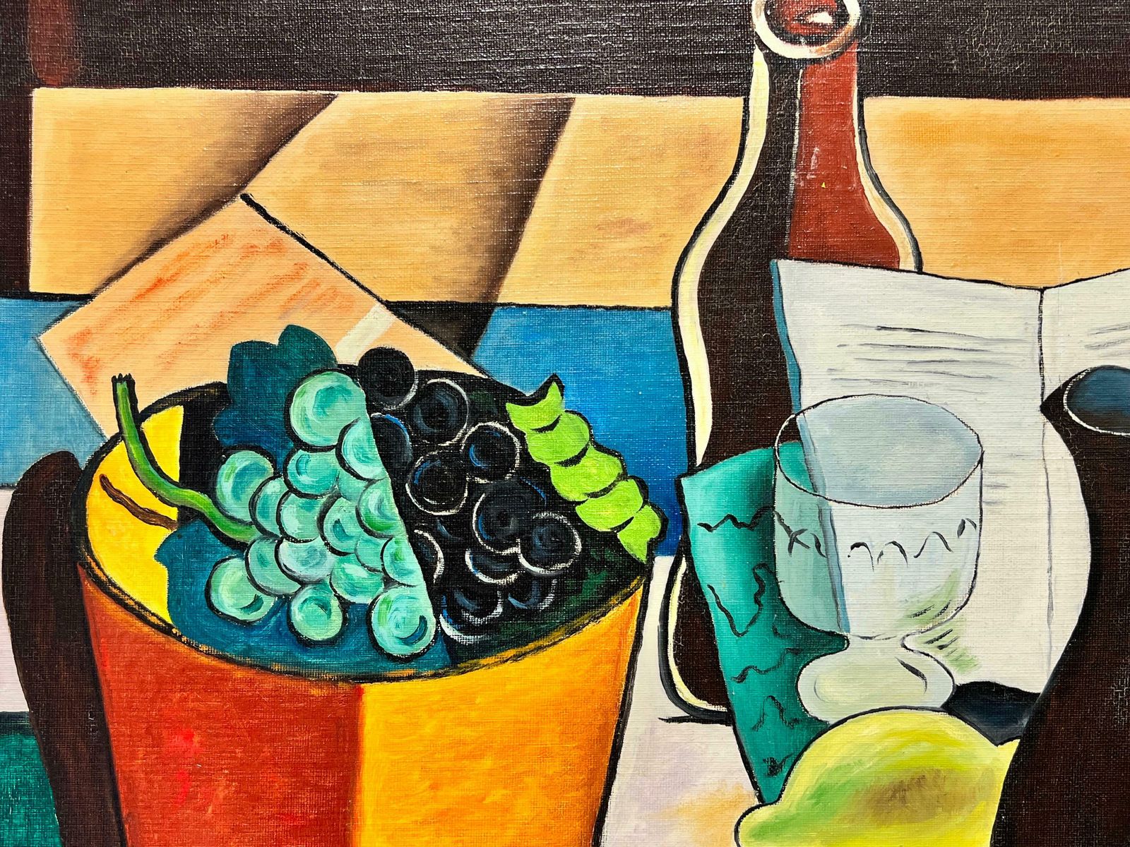Robert Roujasfrench Cubist Still Life Signed Painting Fruit & Wine On Table, 20th Century photo Art