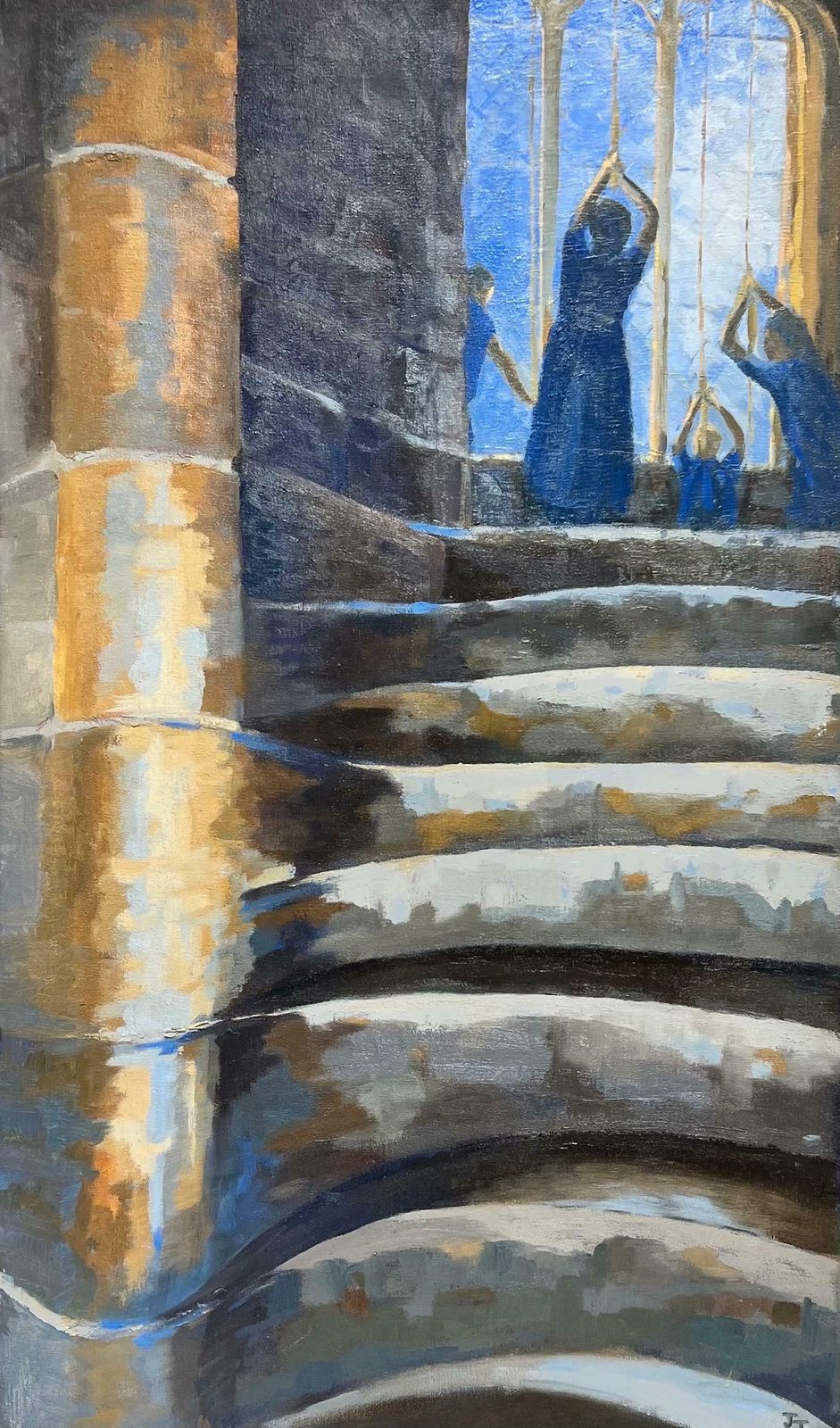 Jill Jacksonmodern British Oil Painting Bell Ringers In Church Interior, Large Original Work