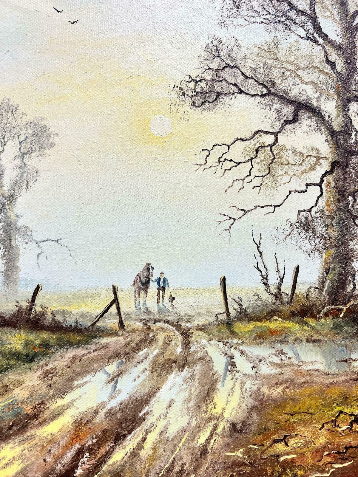 Spencer Colemanrural English Landscape Sunrise With Plough Horse, Farmer & Dog, Signed Oil photo vinterior
