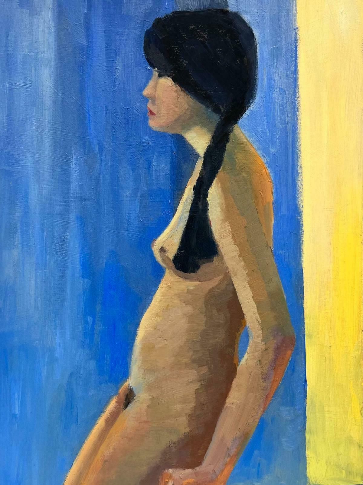 Jill Jacksoncontemporary British Oil Portrait Of A Nude Lady Blue & Yellow Background Colors photo 664.0