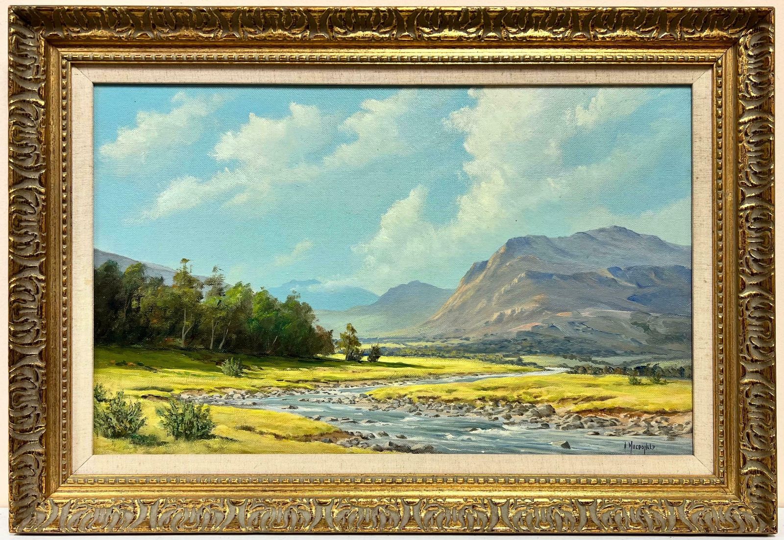 Mcdonaldsigned Scottish Oil Sunny Highland River Landscape In Summer, Framed Original