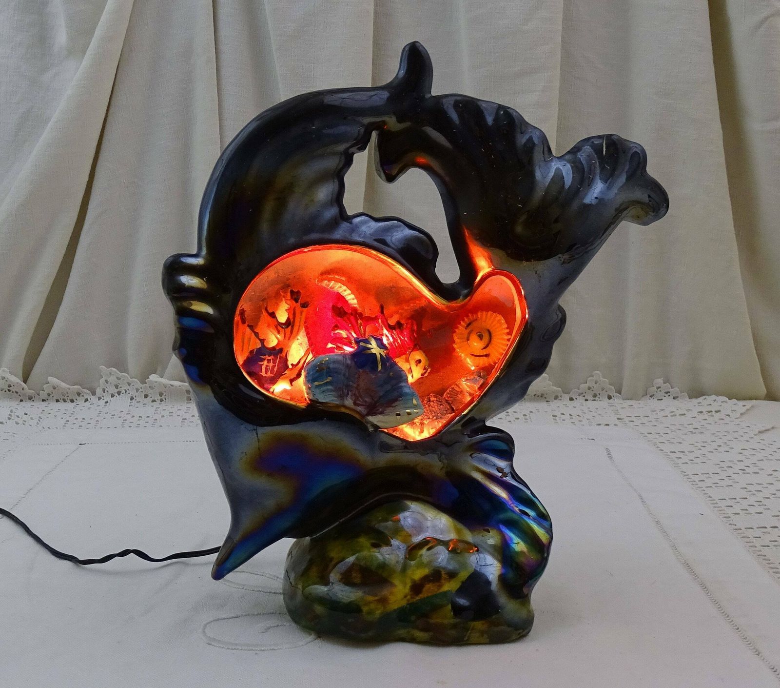 French Vintage Mid Century Vallauris Table Lamp Fish, Retro 1960s Monaco Encrusted Light, Kitsch Fun Novelty Zoomorphic Seaside Lighting photo furniture