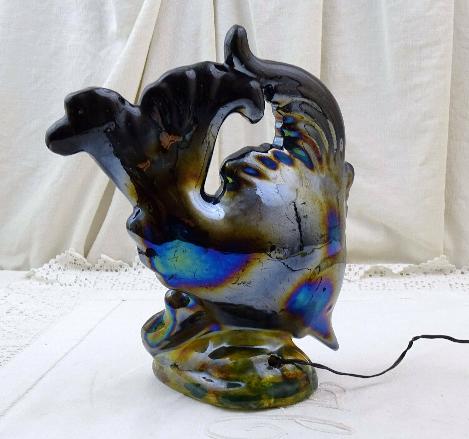 French Vintage Mid Century Vallauris Table Lamp Fish, Retro 1960s Monaco Encrusted Light, Kitsch Fun Novelty Zoomorphic Seaside Lighting photo 292.0