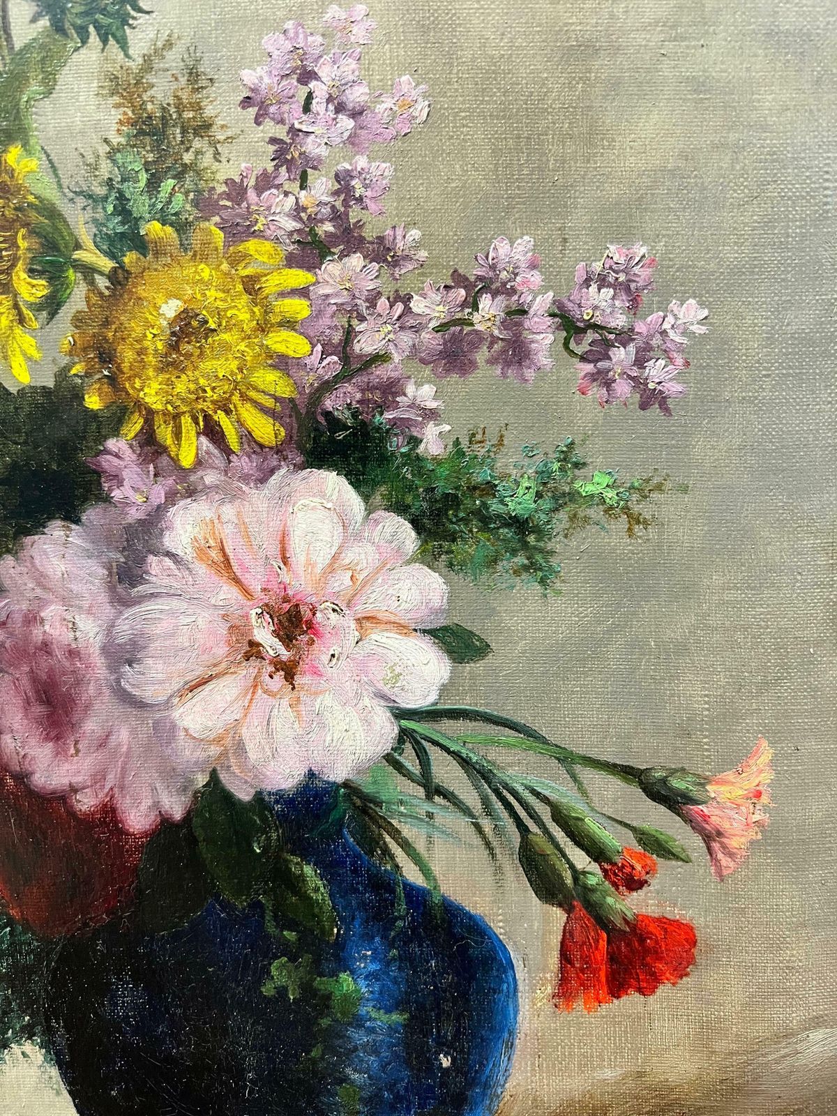Antique Frenchfine Antique French Flower Painting, Signed Oil Beautiful Flowers In Blue Vase photo Art