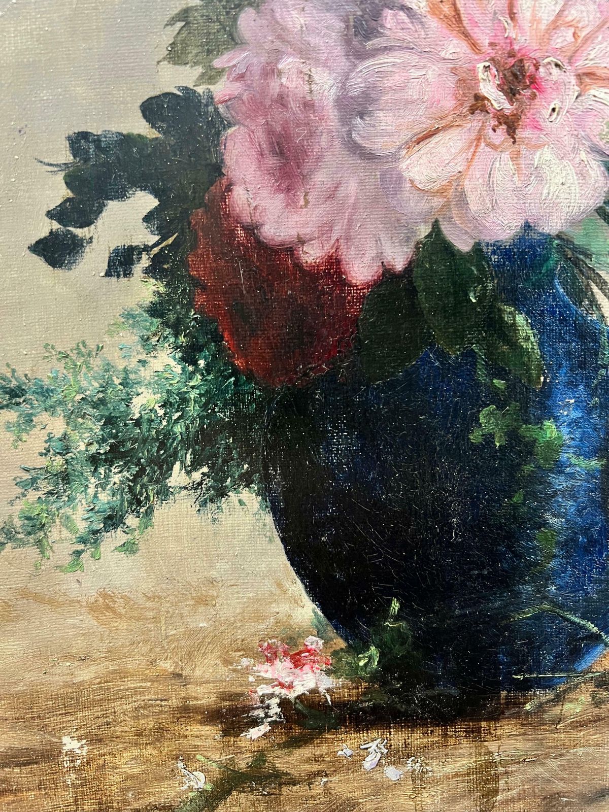 Antique Frenchfine Antique French Flower Painting, Signed Oil Beautiful Flowers In Blue Vase photo vinterior