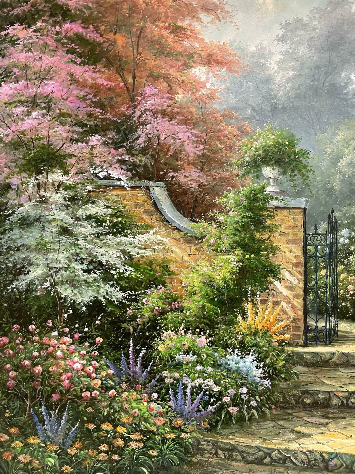 Unknownhuge Impressionist Oil Painting Country Garden With Gates Abundant Flowers C. 2000's photo vintage