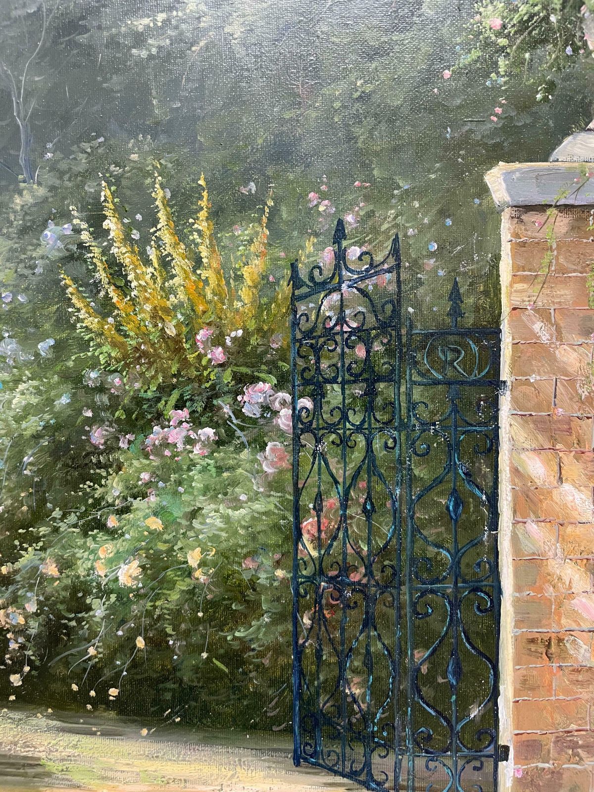 photo for sale Unknownhuge Impressionist Oil Painting Country Garden With Gates Abundant Flowers C. 2000's