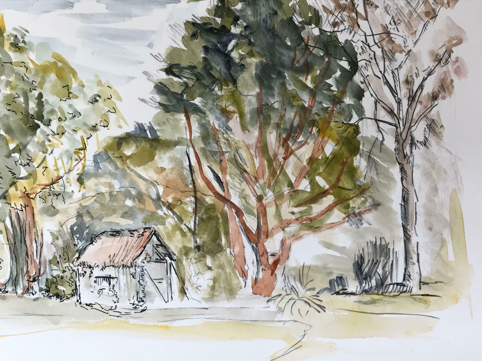 Bernard Labbe1950's Modernist/ Cubist Painting   Shed In The Forest Watercolour Landscape1950's photo furniture