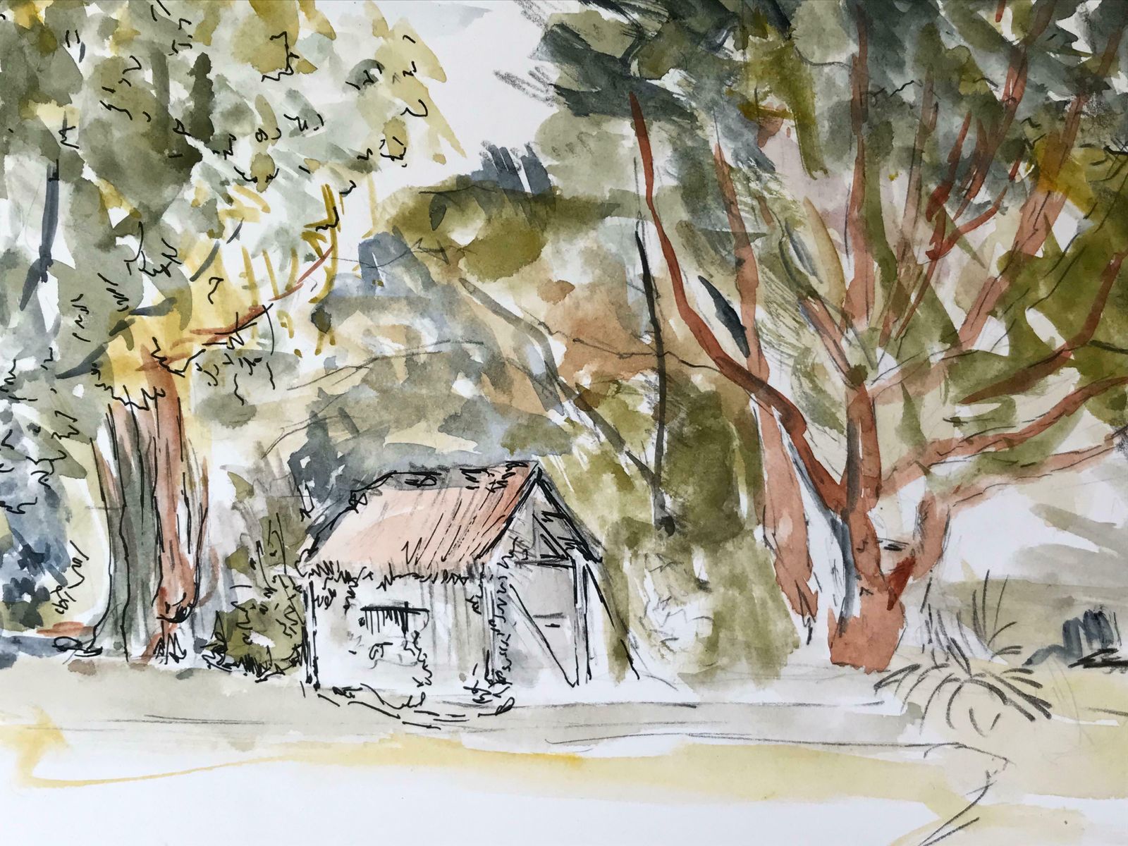 Bernard Labbe1950's Modernist/ Cubist Painting   Shed In The Forest Watercolour Landscape1950's photo Art