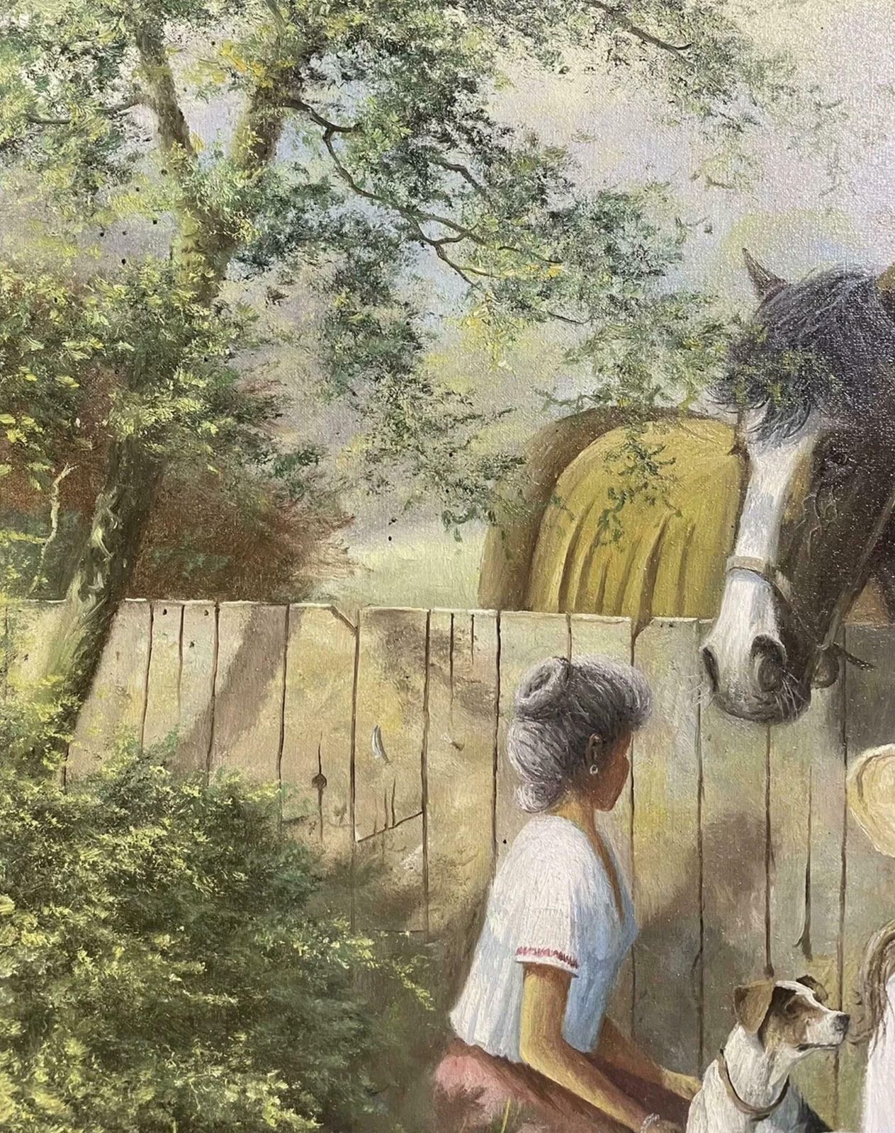 Martin Spencer Colemansigned English Oil Painting Children Feeding Horse With Terrier Dog Lovely Imagec. 2000's photo 1431.0