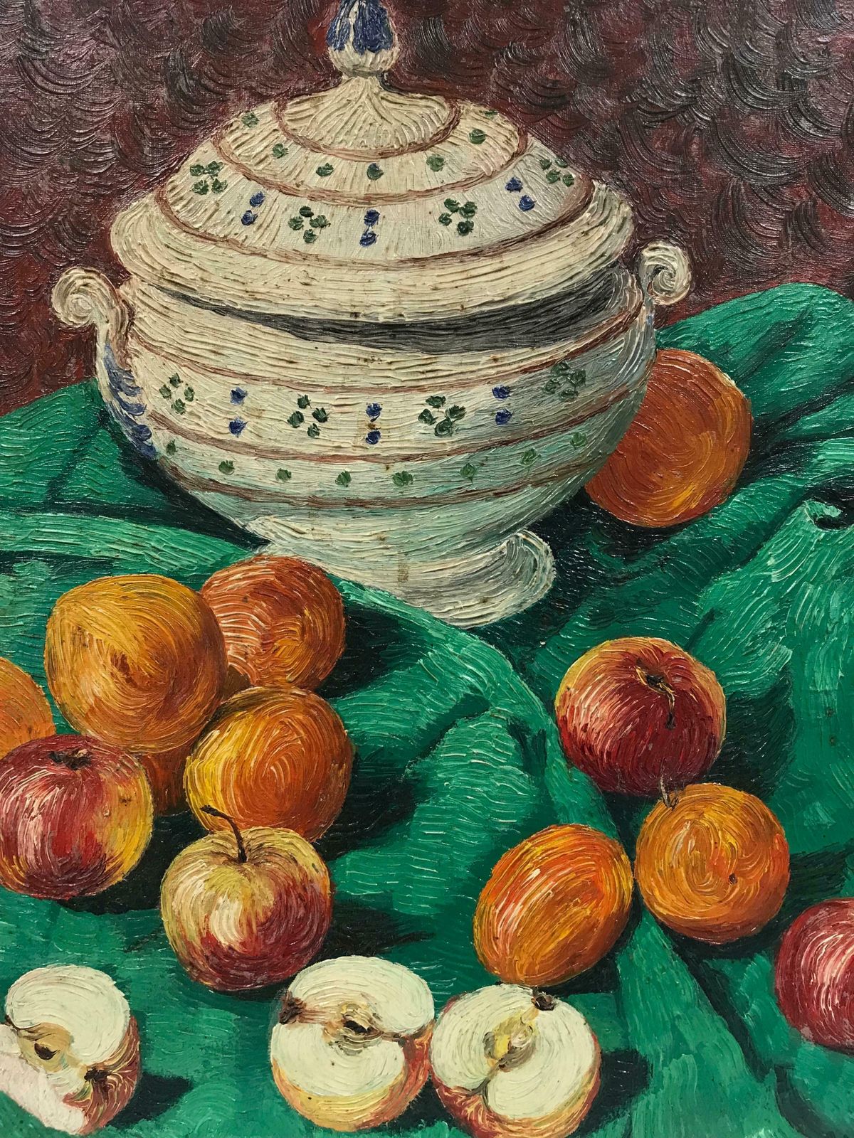 20th Century French Schoolmid Century French Post Impressionist Signed Oil Apples On Green Table Interior photo Art