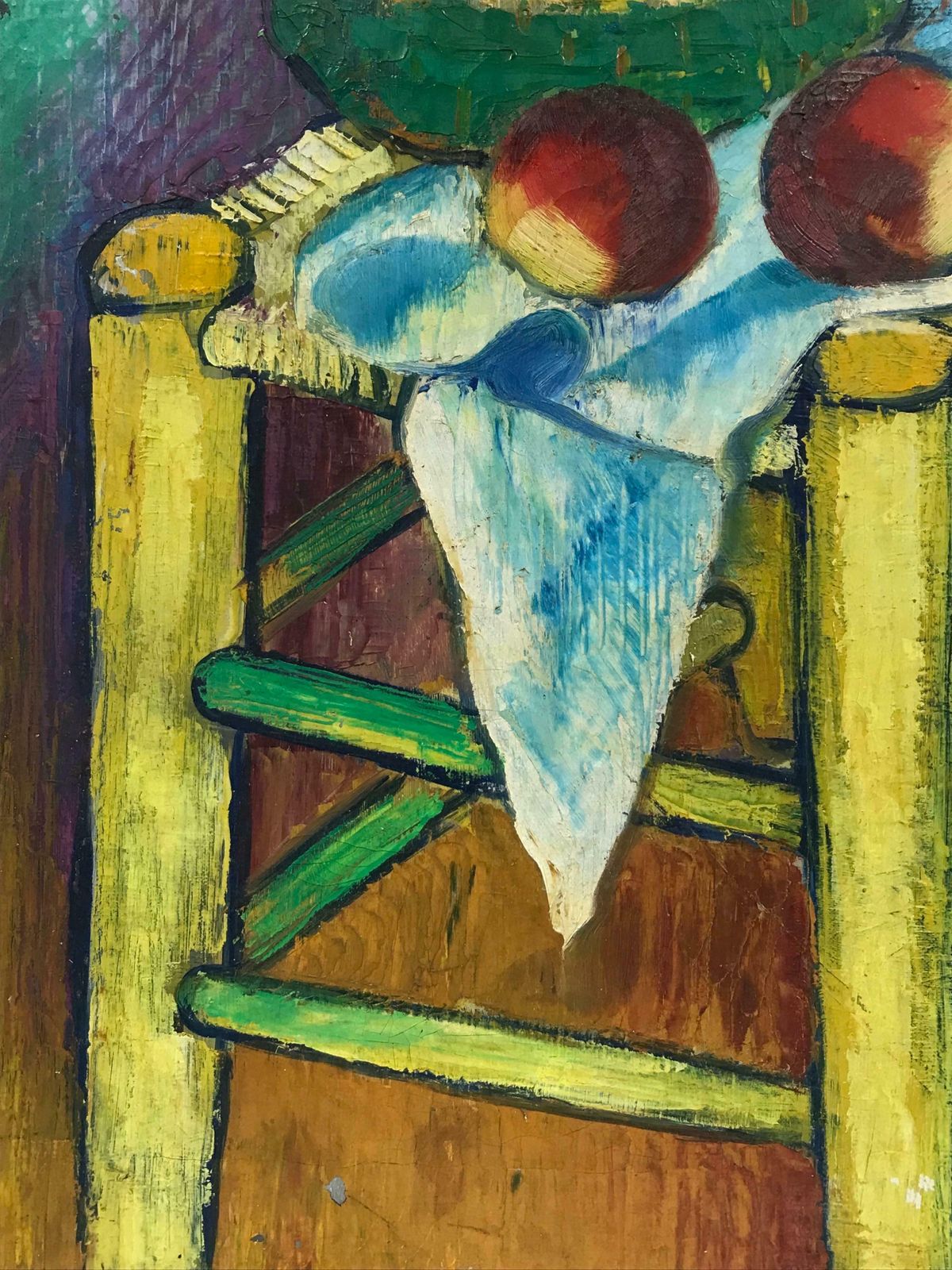 20th Century French Schoollarge 1940's French Post Impressionist Signed Oil   Old Chair With Fruit 1940's photo vinterior