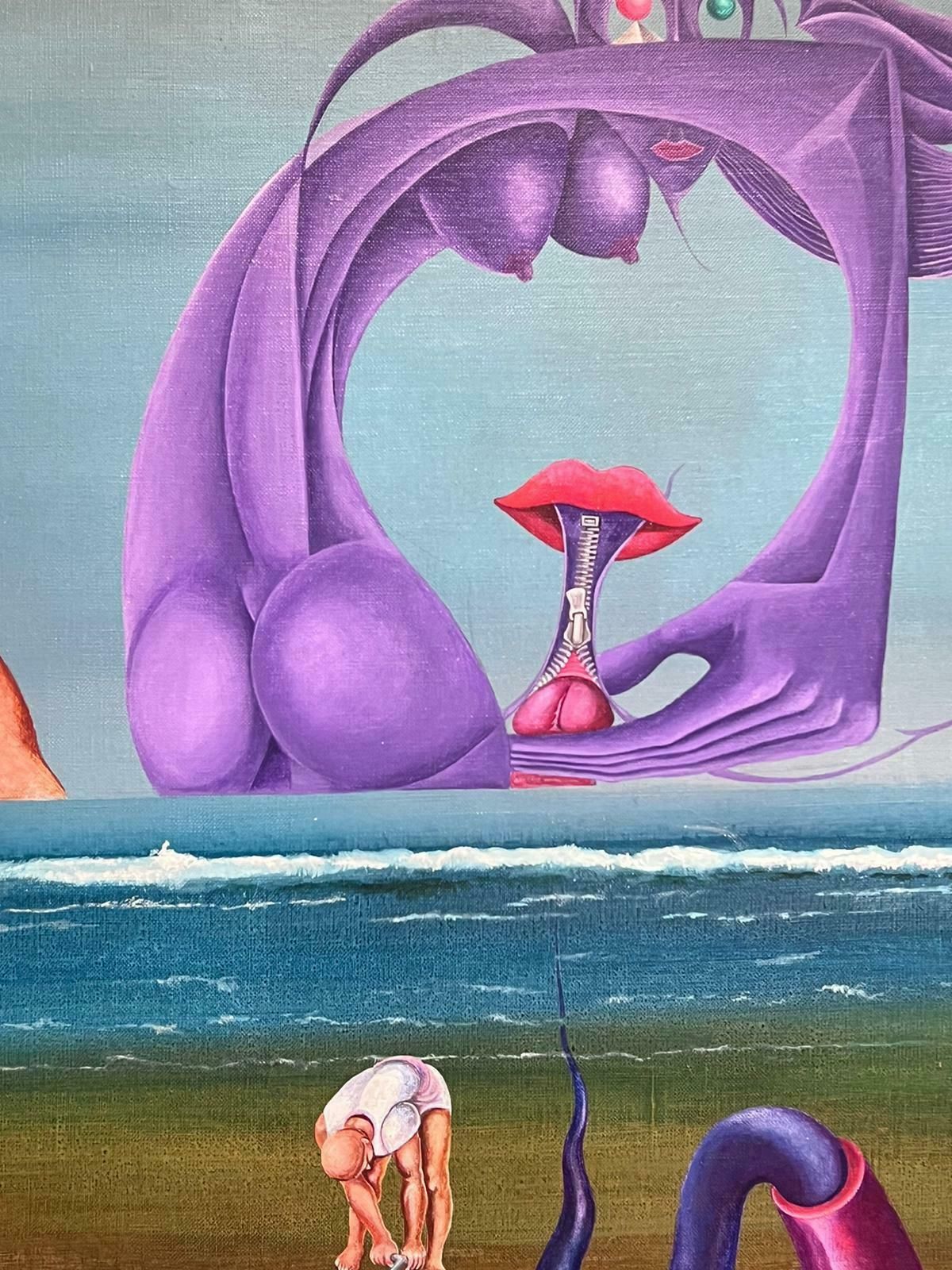 French School1970's Large French Surrealist Oil Painting Figures On The Beach1975 photo for sale