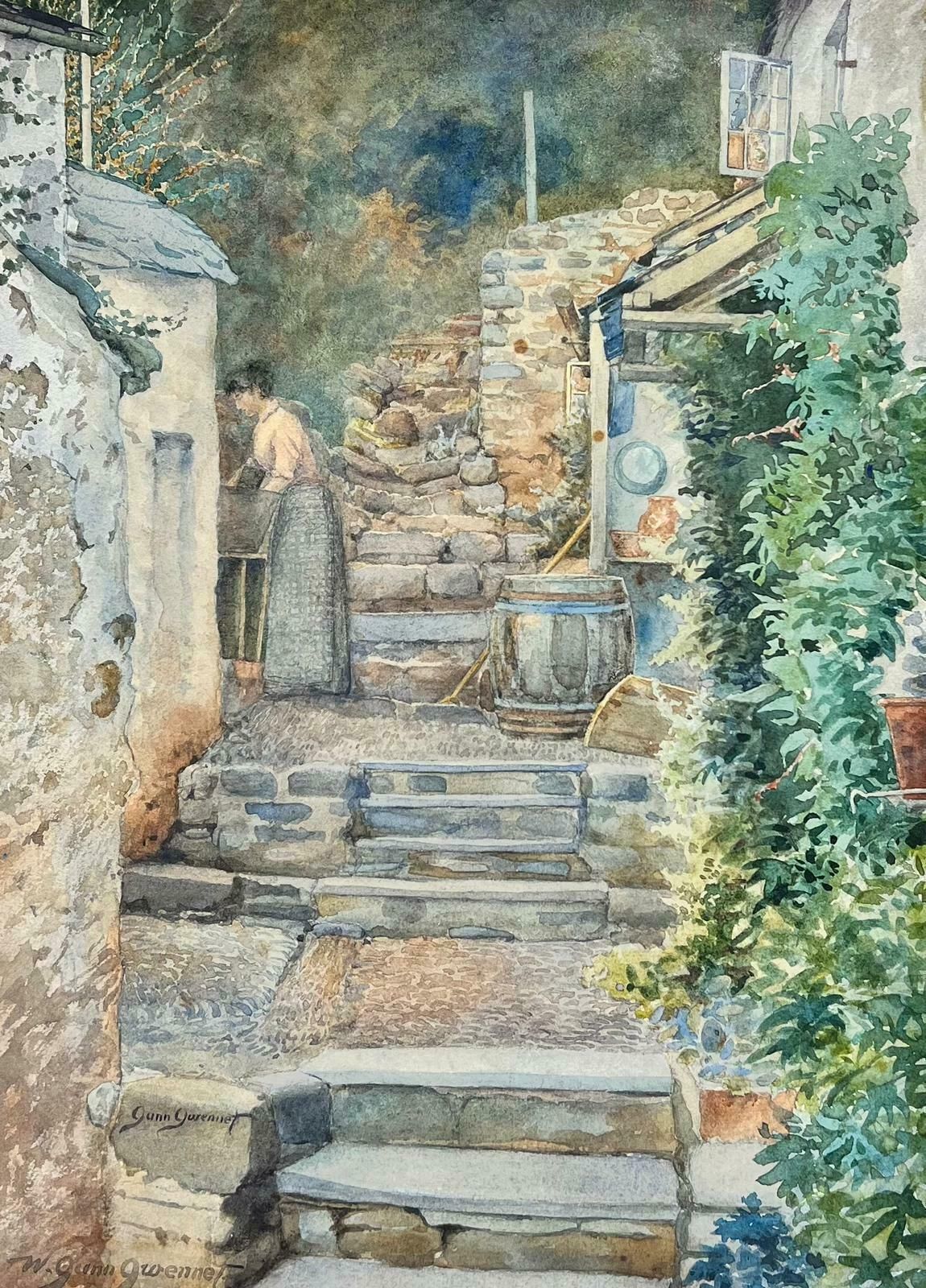 Gunn Gwennetfine 1900’s English Watercolour Painting Lady By Cottage Steps Signed1900’s