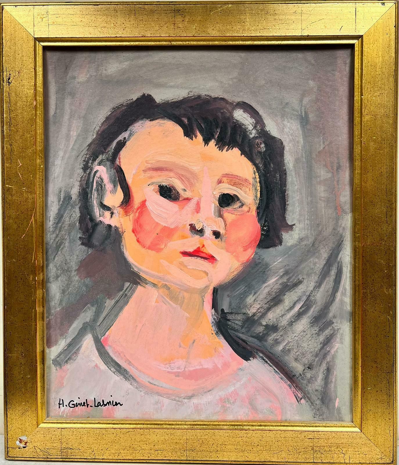 Huguette Ginet Lasnier Signed French Contemporary Painting Portrait Of Rosy Cheeked Womanc. 2000's