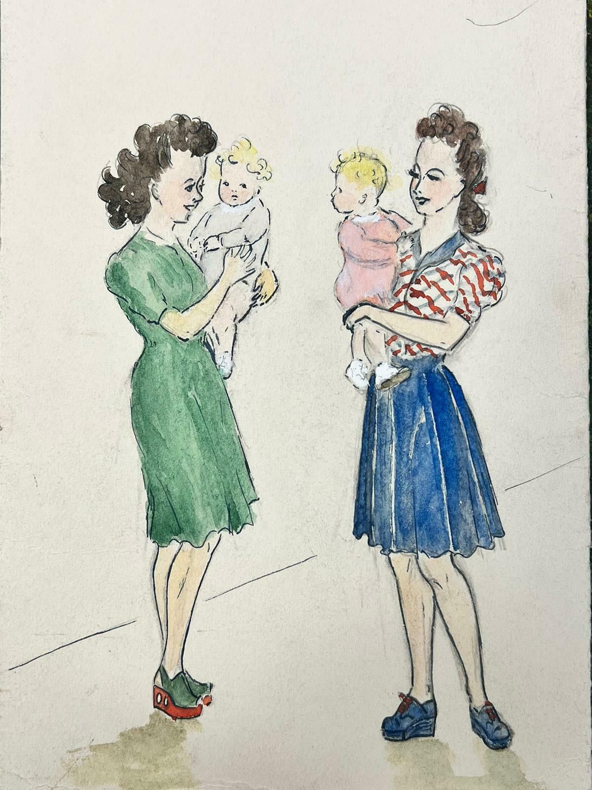 Josine Vignon1950’s Fashion Illustration Painting Of Mother & Child Walking In The Puddles1960's photo for sale