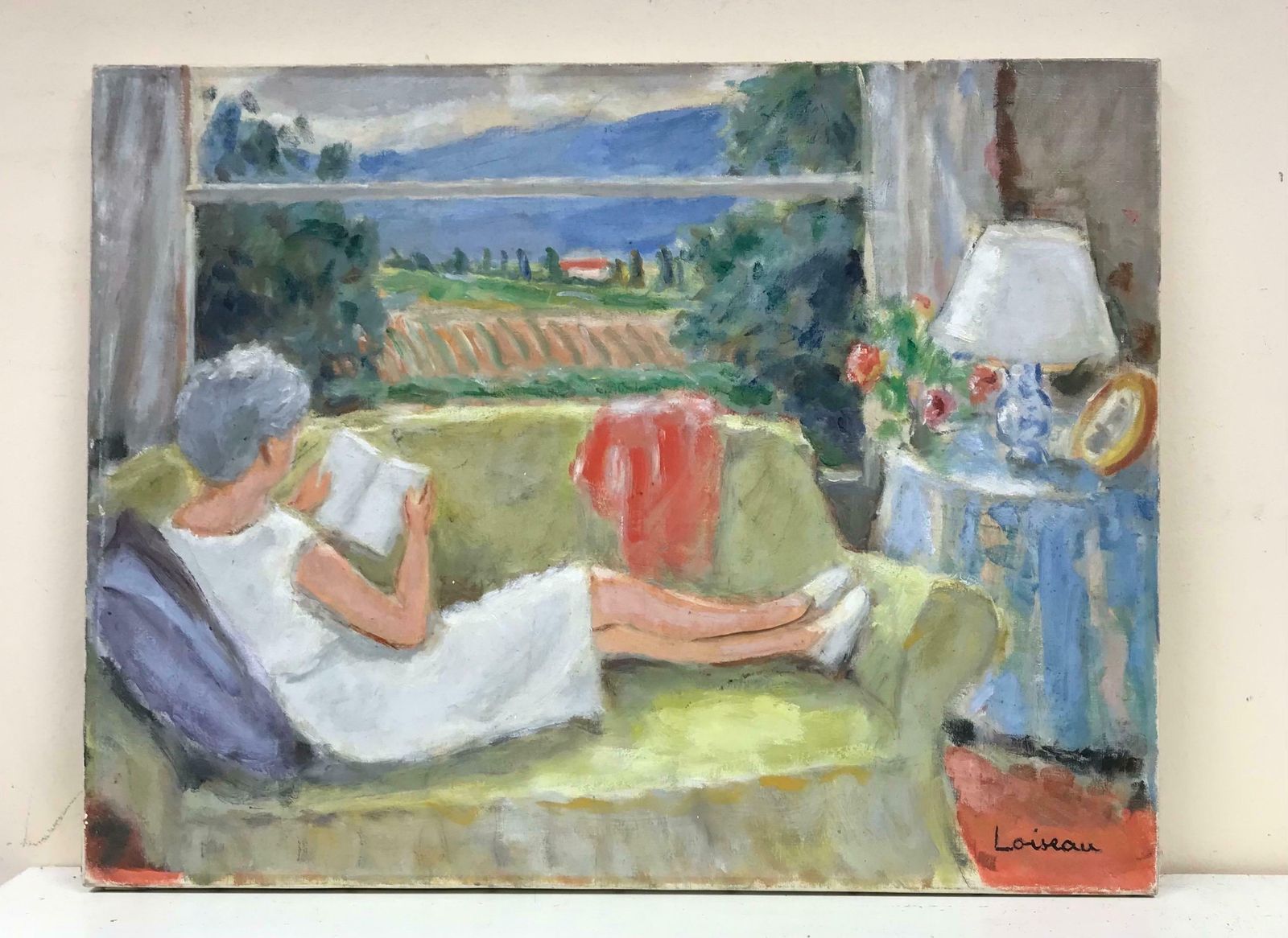 20th Century French Schoollady Sitting In Interior Reading Book Window Overlooking Provence Landscape, Oil photo furniture