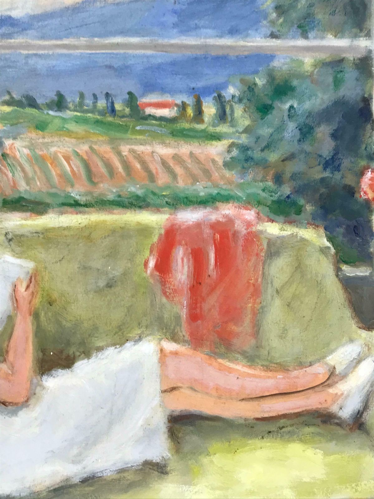 20th Century French Schoollady Sitting In Interior Reading Book Window Overlooking Provence Landscape, Oil photo Art