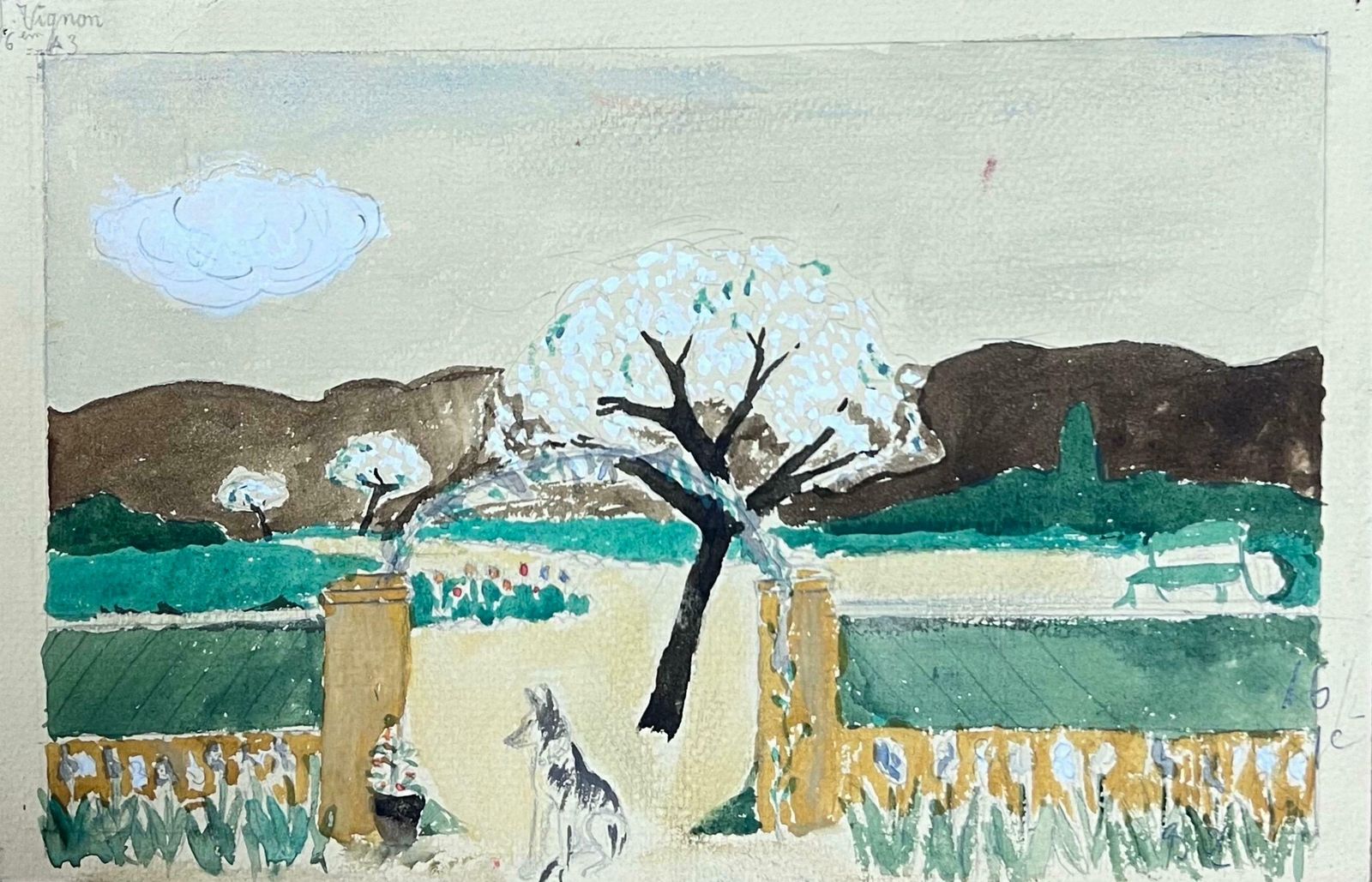 Josine Vignonmid Century French Watercolour Walled Garden Blossom Tree Landscape 1950s