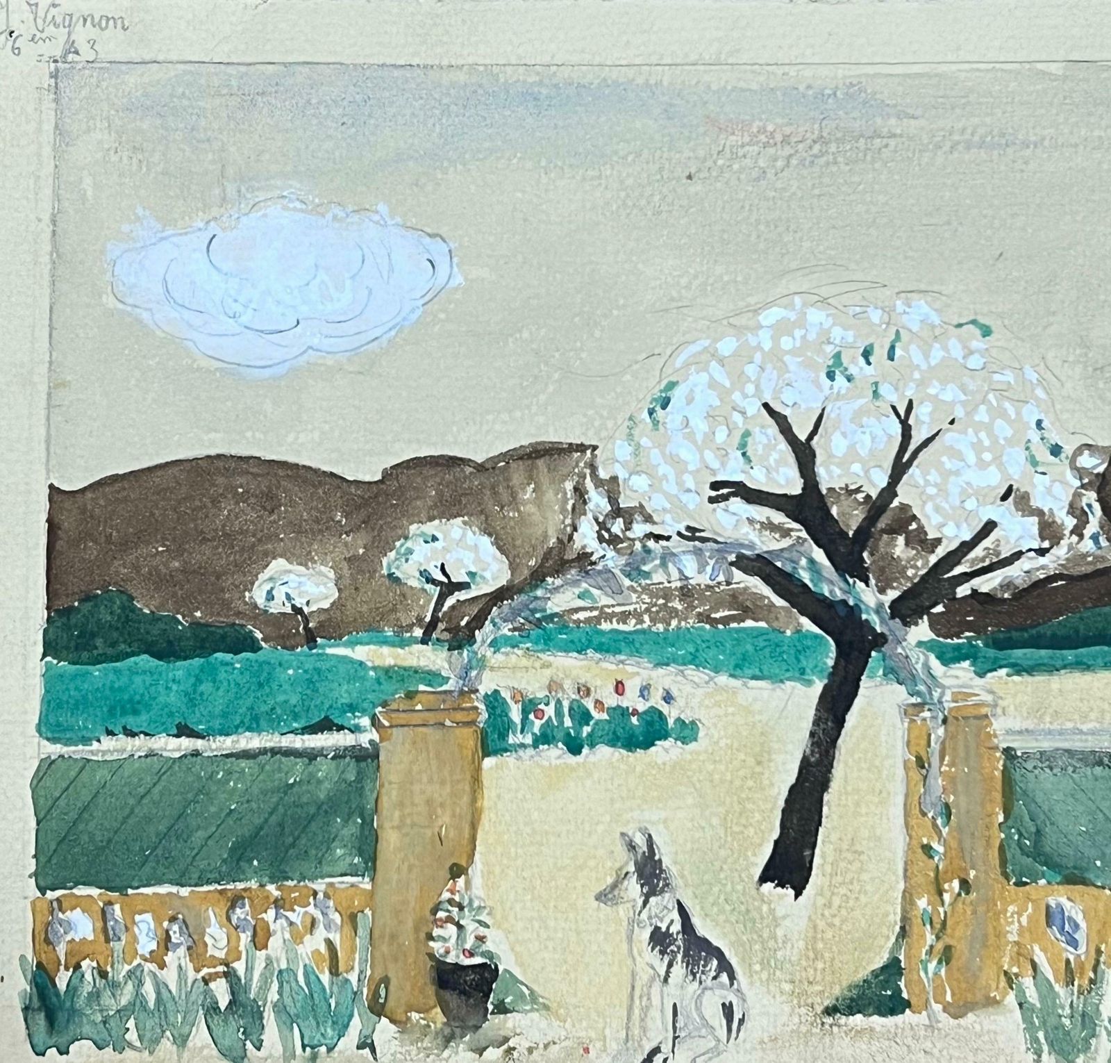 Josine Vignonmid Century French Watercolour Walled Garden Blossom Tree Landscape 1950s photo furniture