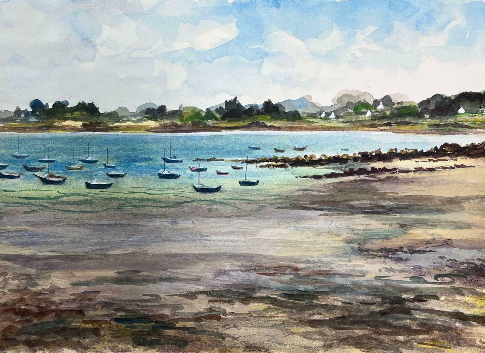 Josine Vignonmid Century French Watercolour Scattered Boats In Blue Sea Landscape 1950s