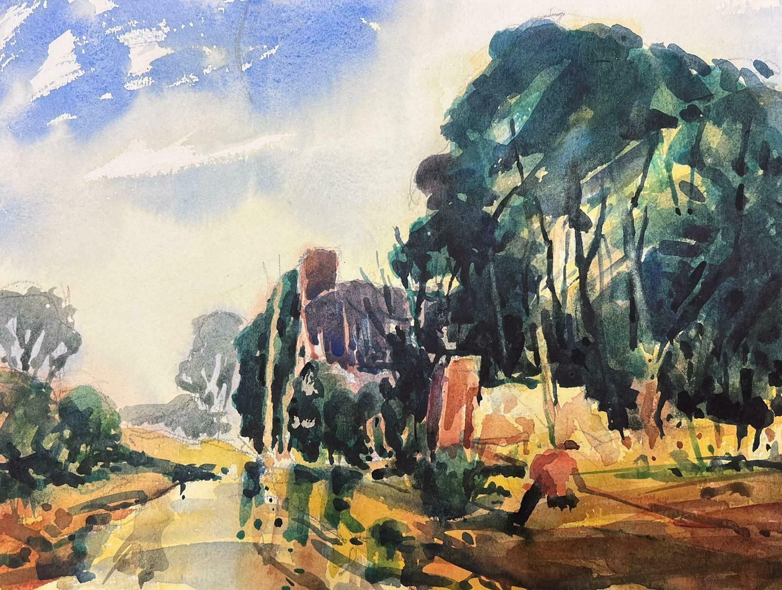 Maurice Mazeiliefrench Watercolour Landscape Figure Fishing Down By The Stream