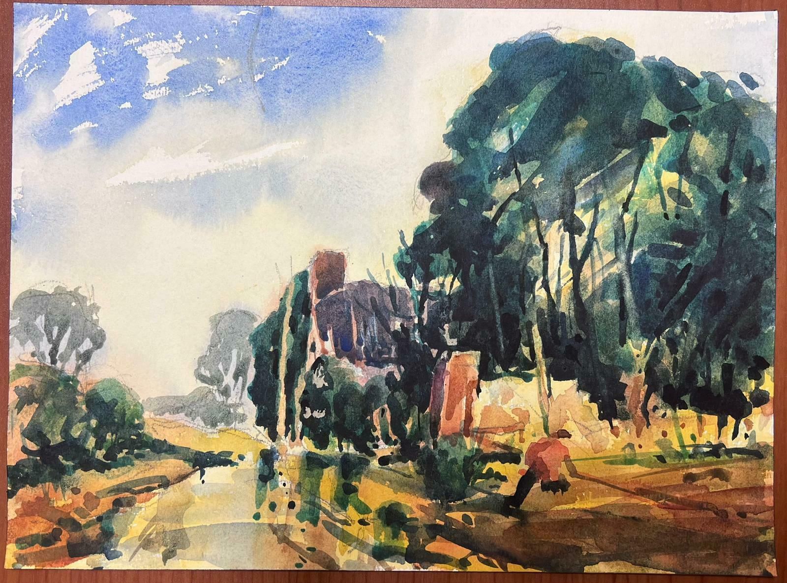 Maurice Mazeiliefrench Watercolour Landscape Figure Fishing Down By The Stream photo furniture