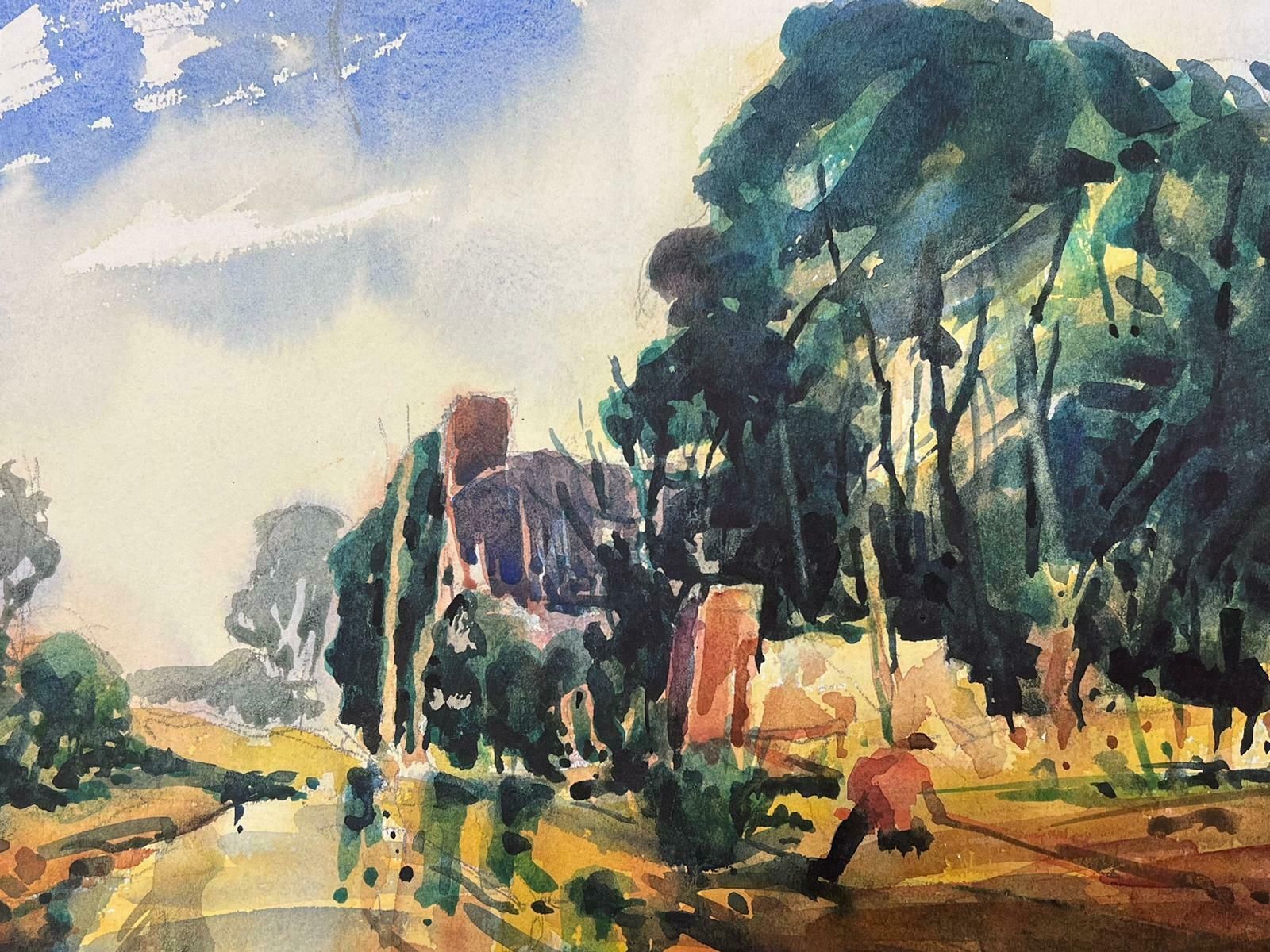 Maurice Mazeiliefrench Watercolour Landscape Figure Fishing Down By The Stream photo for sale