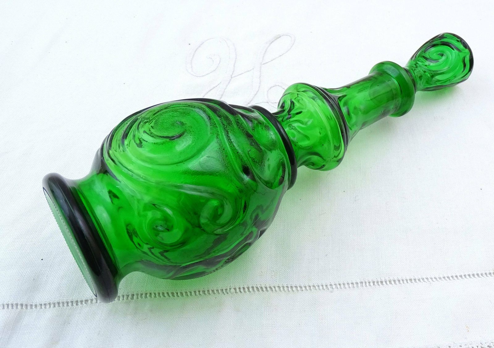 Vintage Mid Century Green Empoli Glass Carafe Stopper, Retro 1960s Large Perfume Bottle Italy, Italian Collectible Decanter Glassware photo for sale