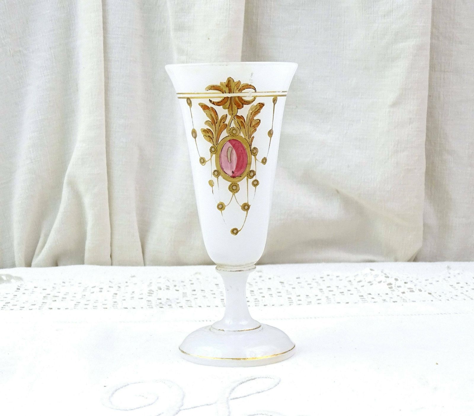 Antique French 19th Century Hand Painted White Opaline Footed Champagne Glass, Vintage Collectible 1800s Milk Glass Vase From France