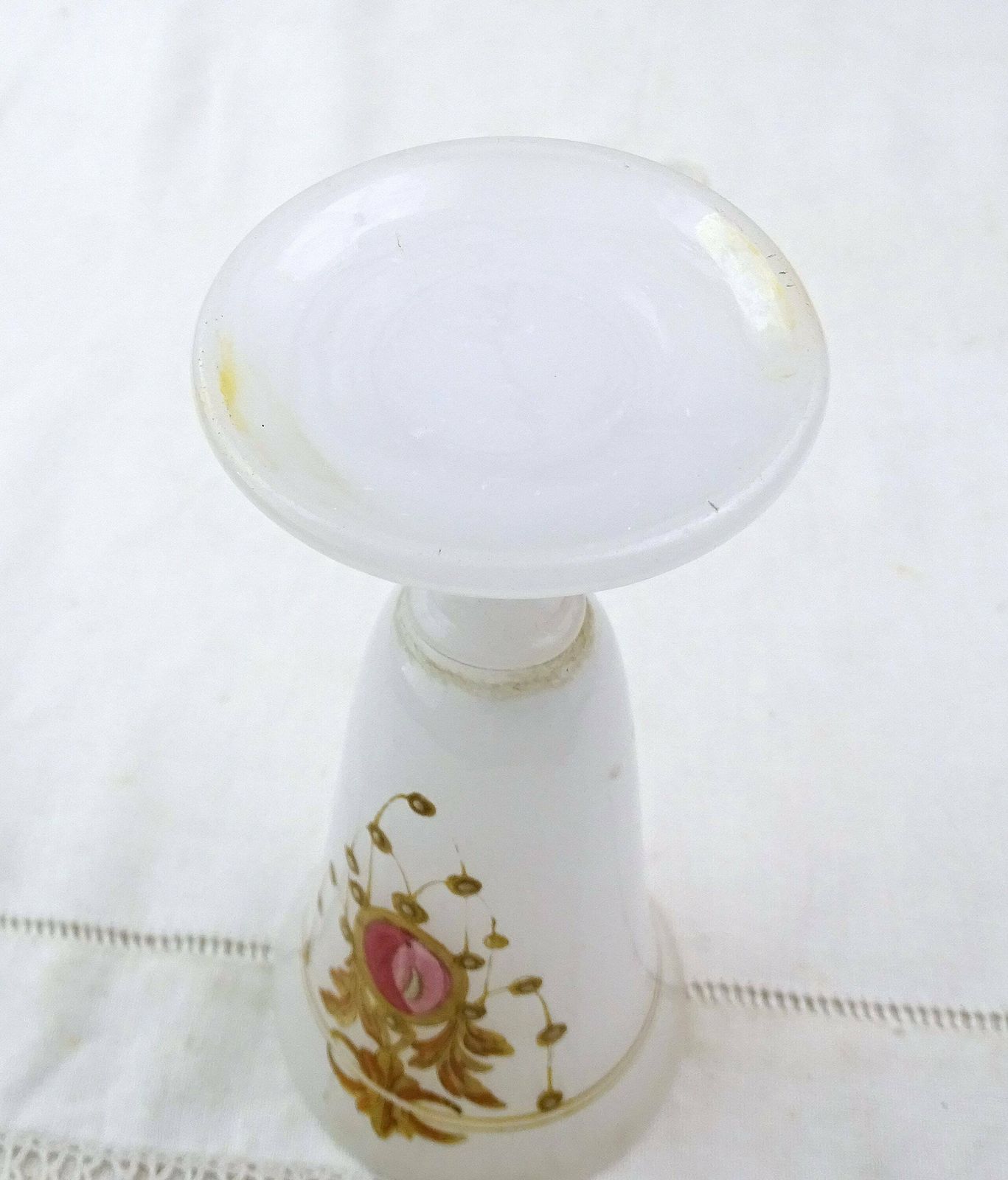 Antique French 19th Century Hand Painted White Opaline Footed Champagne Glass, Vintage Collectible 1800s Milk Glass Vase From France photo vintage