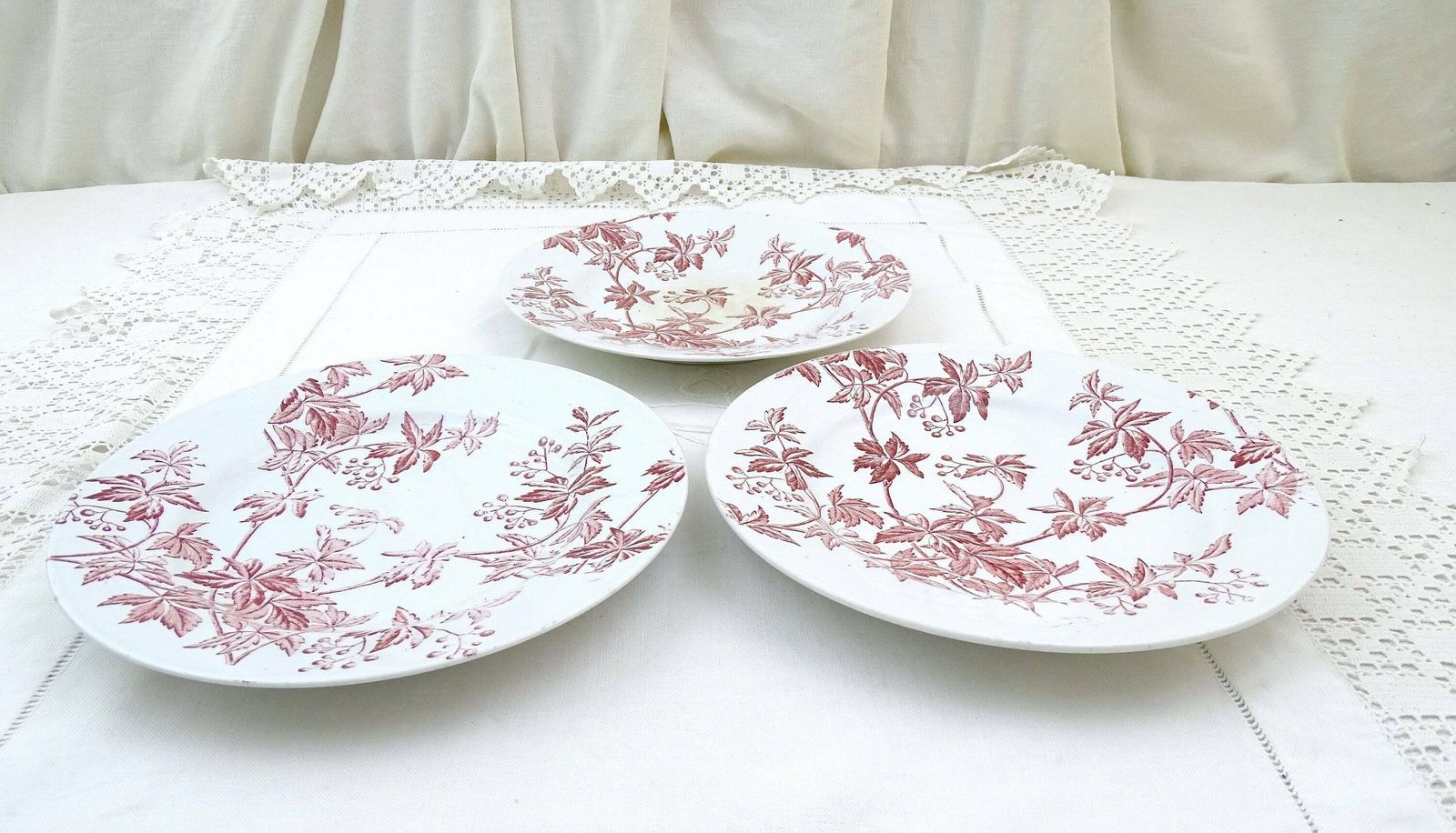 Set Van 3 Franse Antieke Ronde Borden Met Rood Wijnbladpatroon Van Longchamp – Vintage Brocante Wanddecoratie Uit Frankrijk photo Woonaccessoires