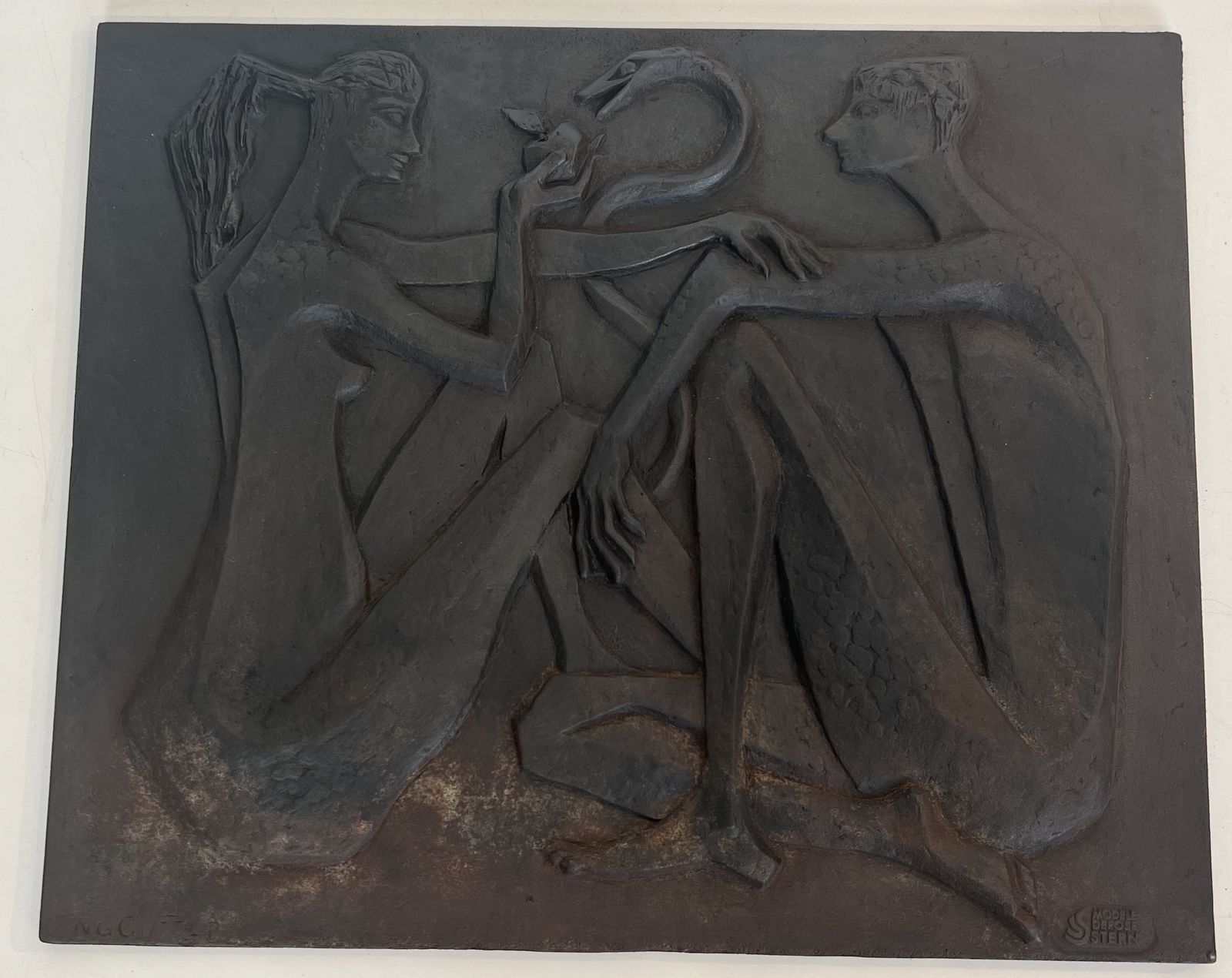 Modernist Cast Iron Fireplace Plate Depicting Adam And Eve, The Apple And The Serpent. Signed And Published By Stern photo furniture