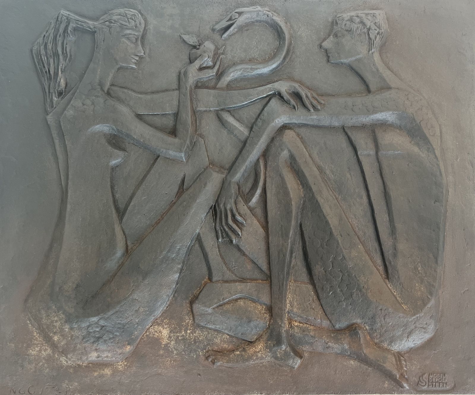 1750.0 Modernist Cast Iron Fireplace Plate Depicting Adam And Eve, The Apple And The Serpent. Signed And Published By Stern photo