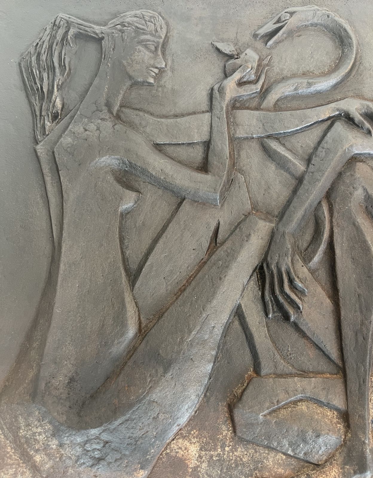 photo buy Modernist Cast Iron Fireplace Plate Depicting Adam And Eve, The Apple And The Serpent. Signed And Published By Stern
