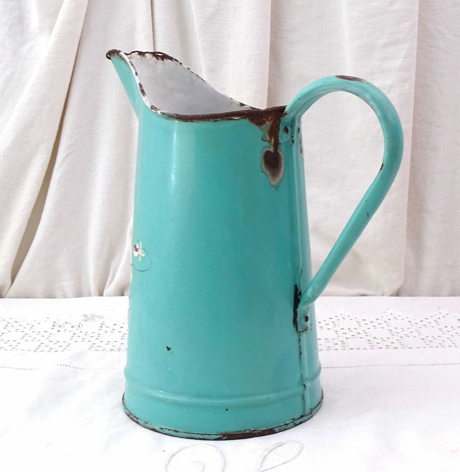Antique French Early Example Of Enamelware Pitcher In Turquoise Blue With Handpainted Flower And Butterfly Pattern, Vintage Enamel Jug photo 150.0