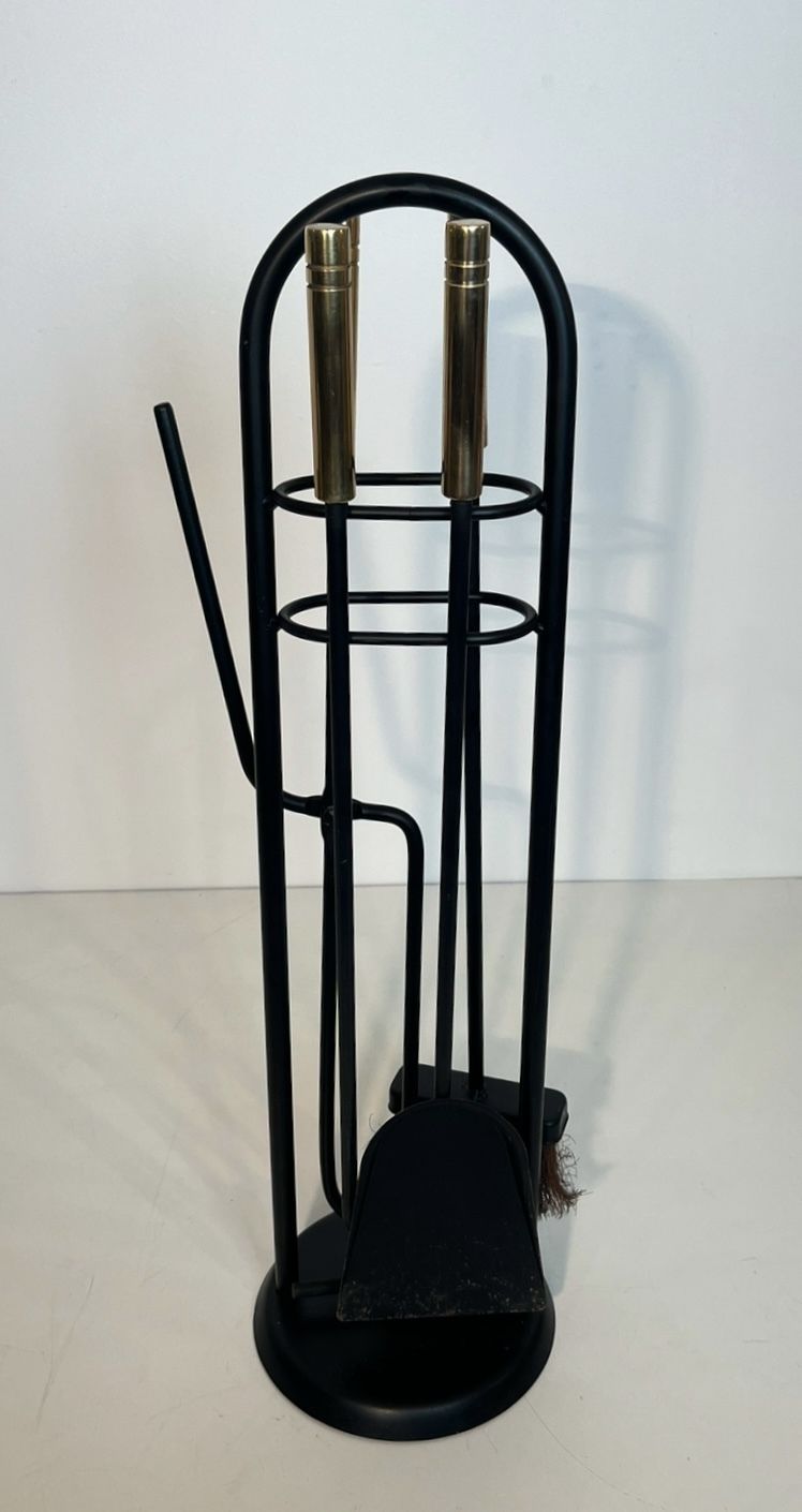Black Lacquered Metal And Brass Design Fire Kit photo for sale