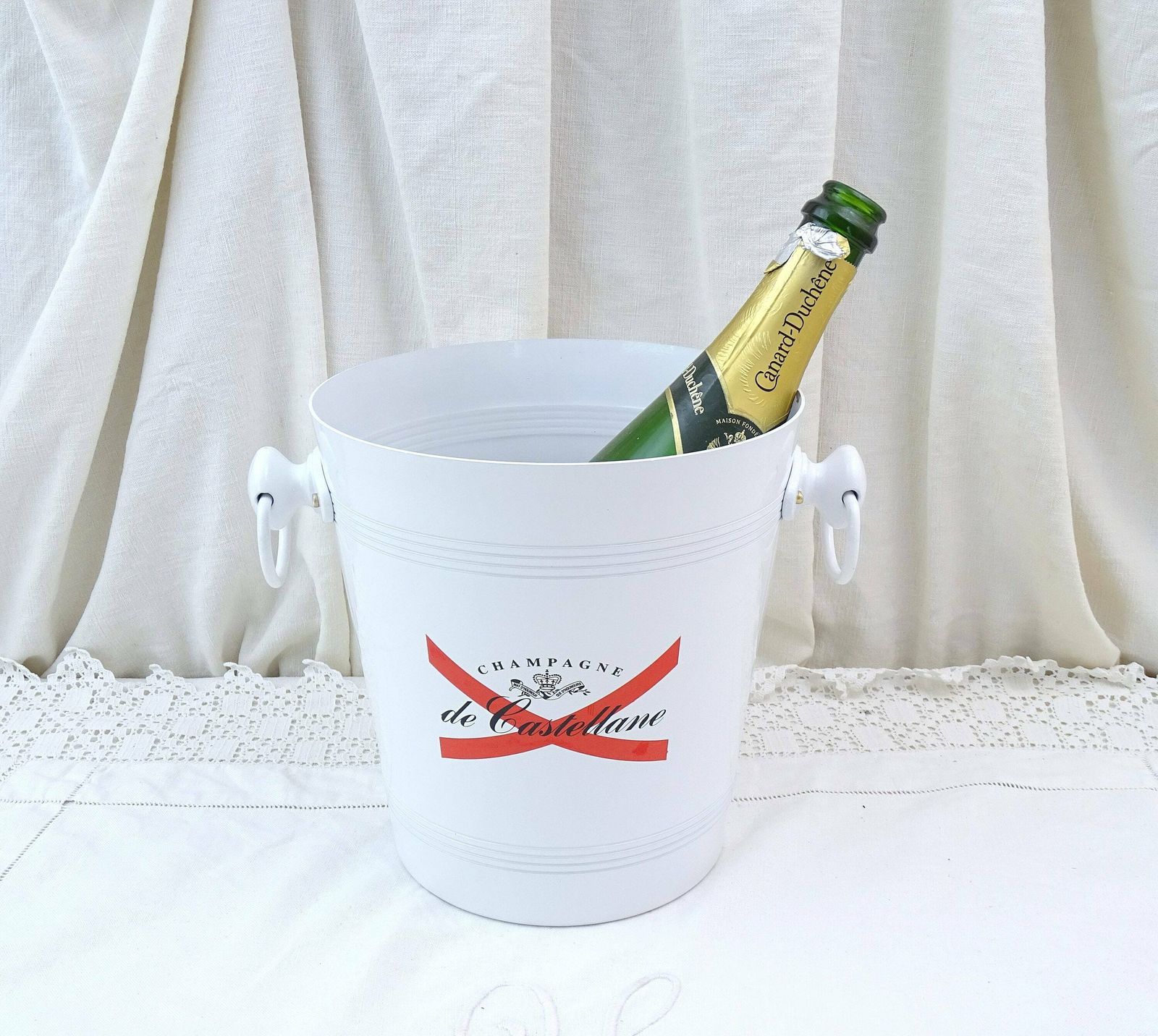 Vintage French Champagne White Enameled Metal Ice Bucket By Castellane In White Metal With 2 Loop Side Handles, Retro Wine Barware Chiller