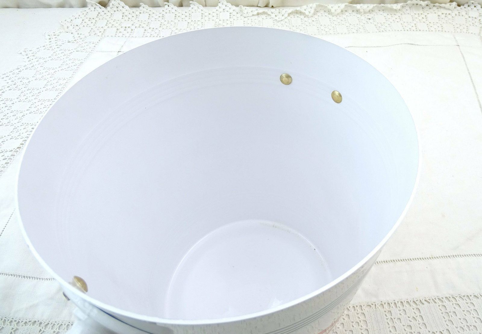 Vintage French Champagne White Enameled Metal Ice Bucket By Castellane In White Metal With 2 Loop Side Handles, Retro Wine Barware Chiller photo vintage