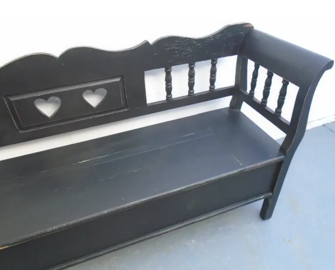 A Black & Green Heart Motif Antique Pine 3 Seater Bench photo 695.0