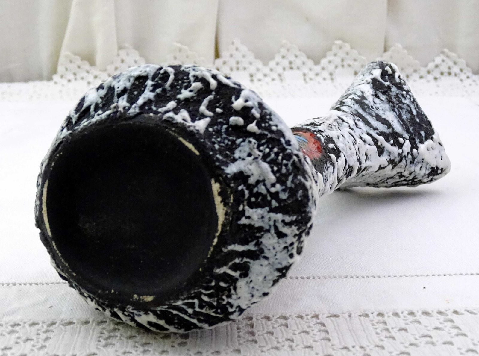 Vintage Mid Century Italian Fat Lava Style Ceramic Vase In Black And White With Smarino By Augusto Giulianelli, Retro 1960s Studio Pottery photo vintage