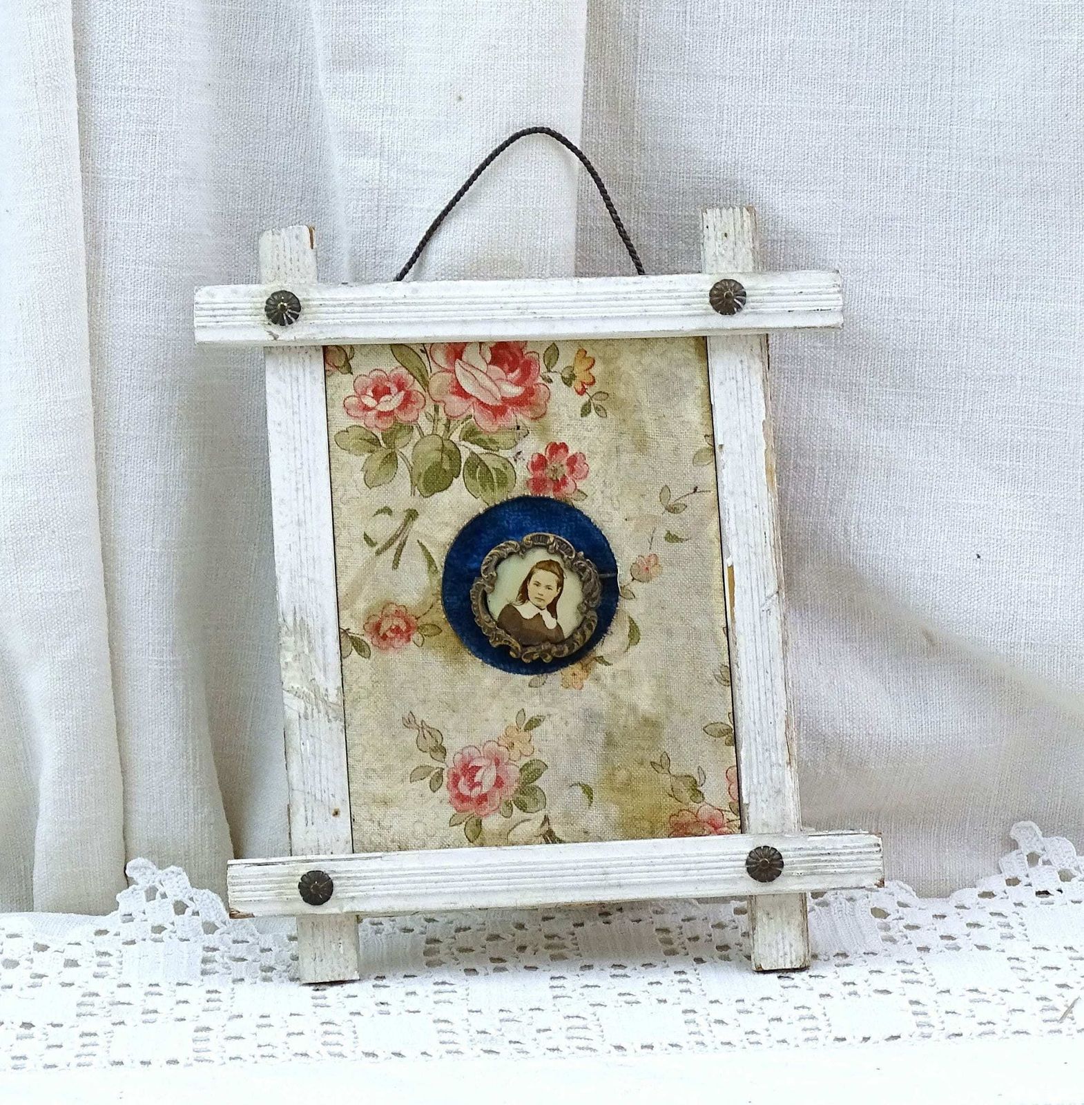 Antique French Shabby White Wooden Frame Floral Fabric And Photograph Brooch Of Young Girl, Wall Mounted Retro Chateau Chic Jewelry Stand