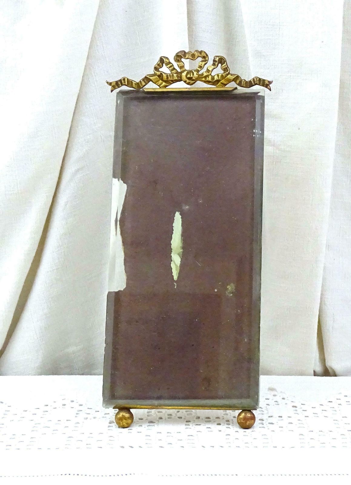 Tall Thin Antique French 19th Century Thick Beveled Glass Portrait Frame With Ribbon Decoration, Vintage Victorian Brocante Picture Decor photo furniture