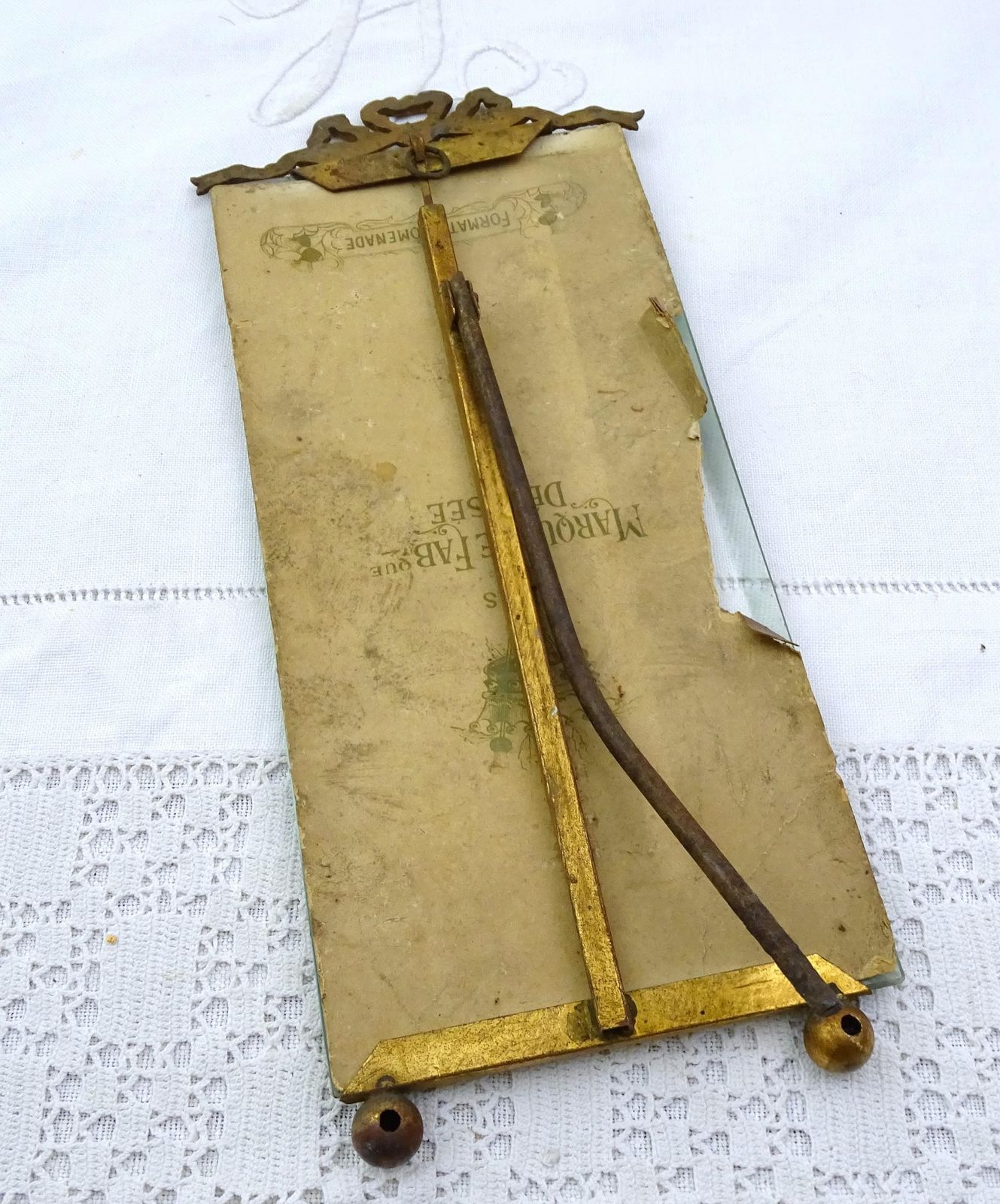 Tall Thin Antique French 19th Century Thick Beveled Glass Portrait Frame With Ribbon Decoration, Vintage Victorian Brocante Picture Decor photo vinterior