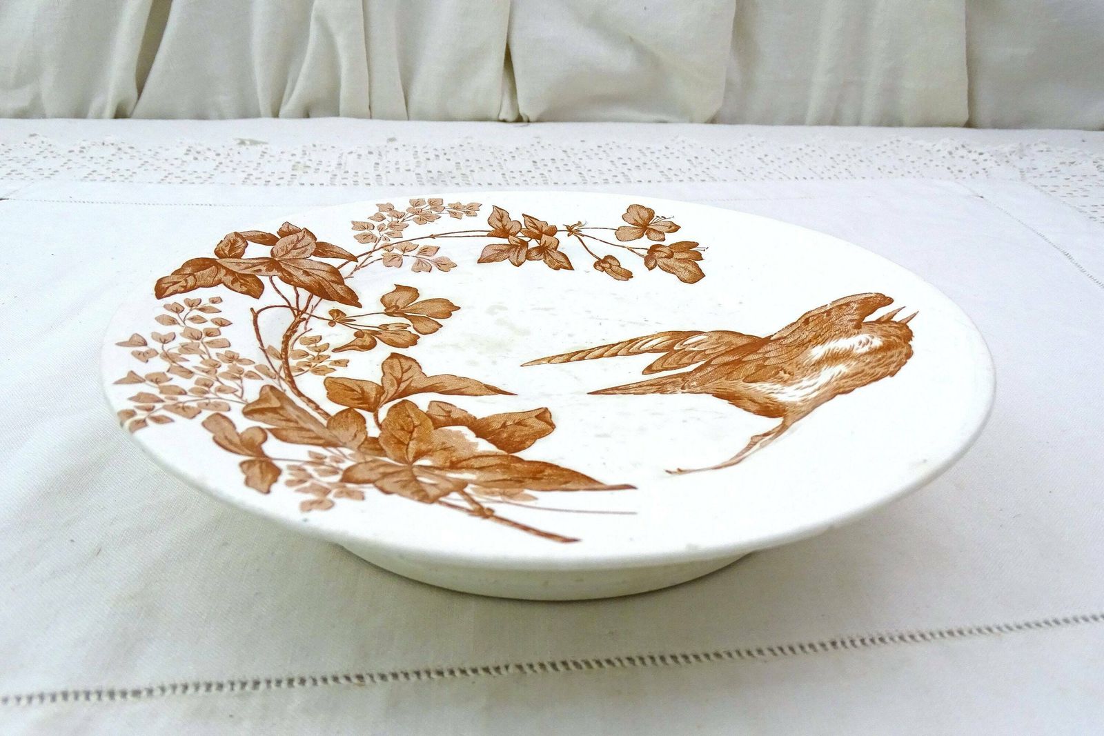 Antique French Longwy Ironstone Pottery Comport Dish With Bird Pattern In Brown, Retro Chic Pedestal Cake Stand / Fruit Bowl China Taza Bowl