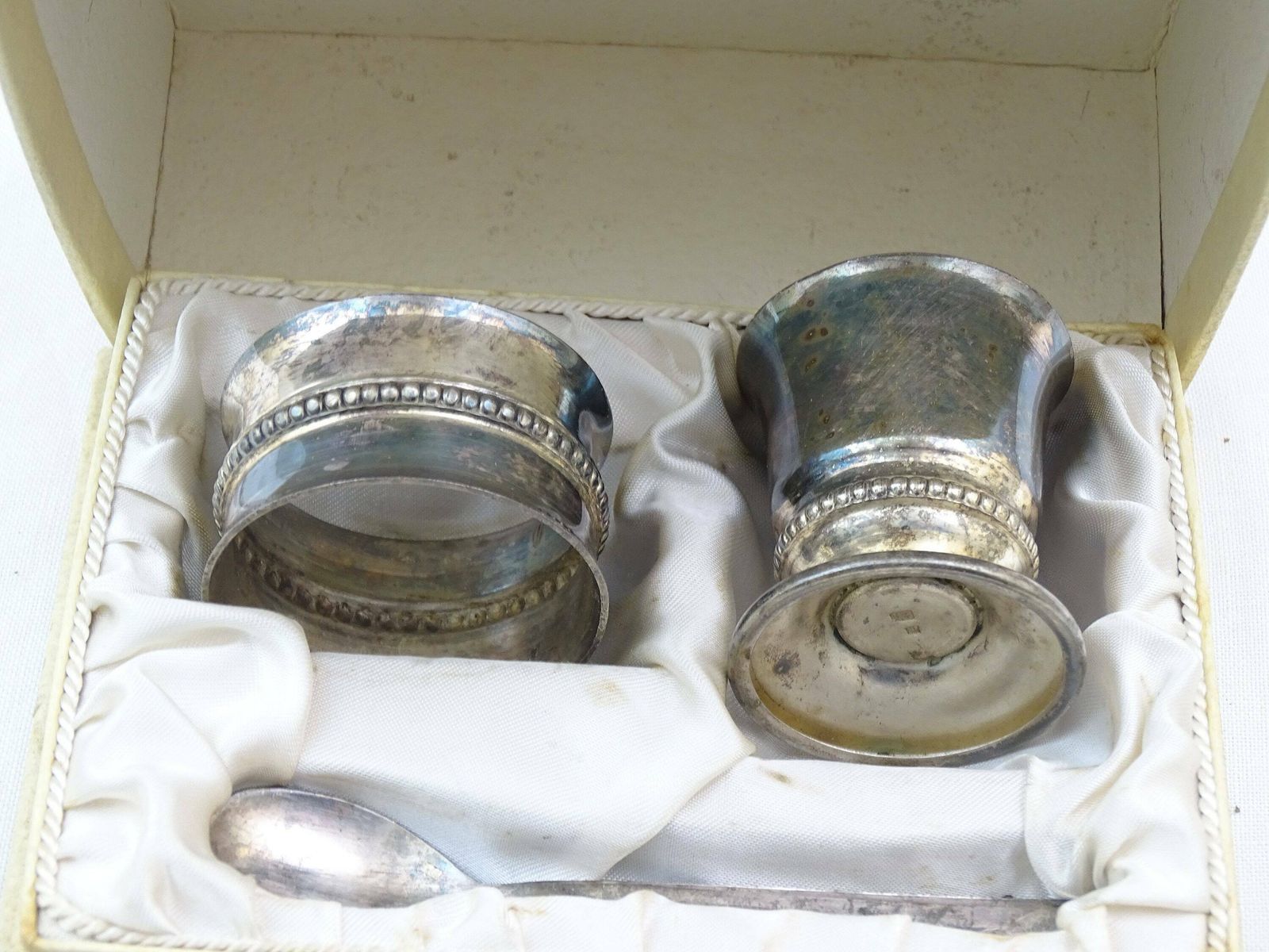 Vintage French 1950s Silver Plated Three Piece Christening Gift Boxed Set Of Egg Cup Napkin Ring And Spoon By Girou Paris, Retro Breakfast photo 54.0
