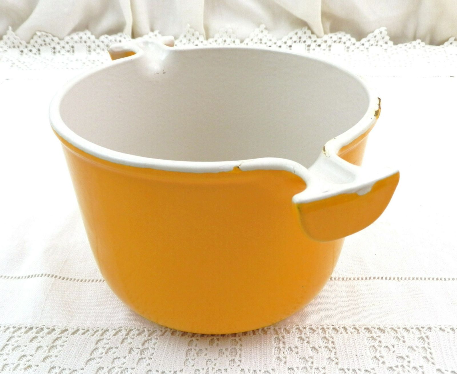 Vintage 1970s French Le Creuset Orange Cast Iron Enamelware Fondue Pan By Italian Designer Enzo Mari, Retro Kitchenware From France photo for sale